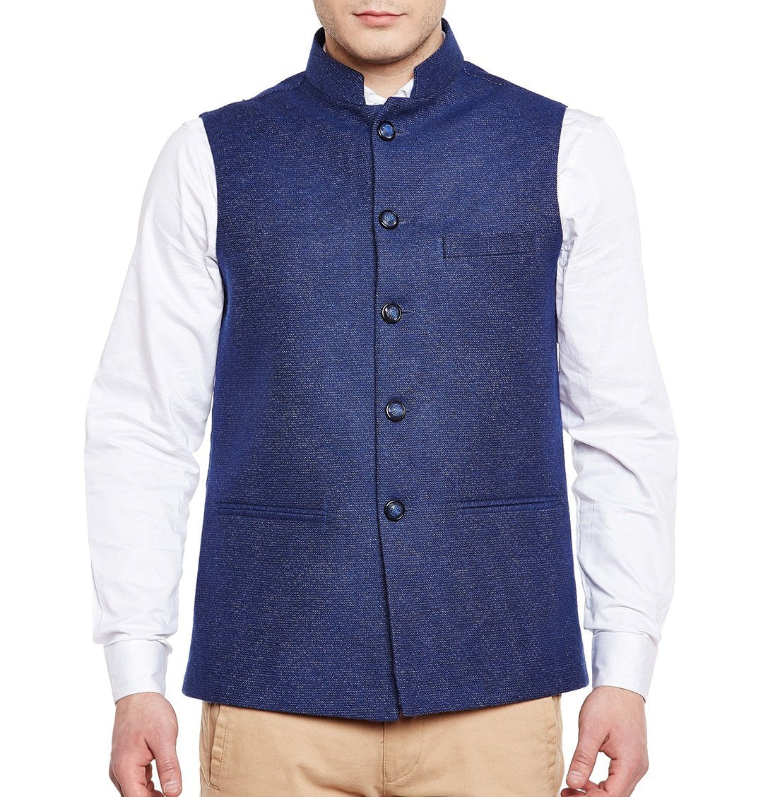 WINTAGE Mens Wool Blend Grandad Nehru Jacket Vest Waistcoat: Blue