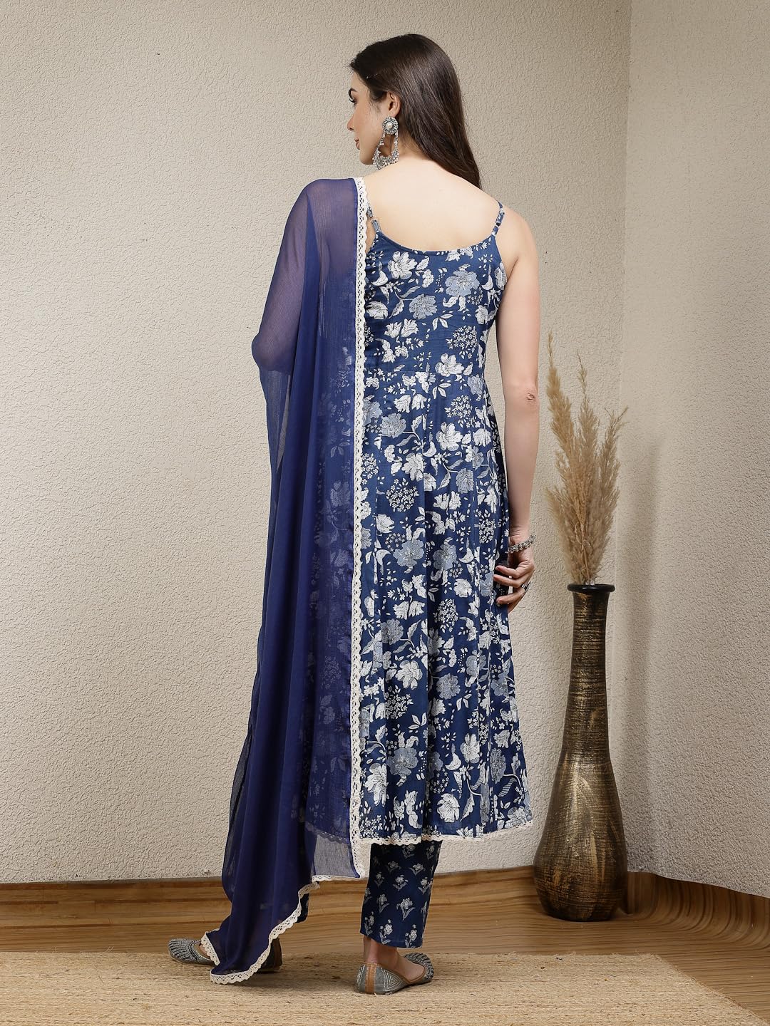 Stylum Women'S Bandhej Printed Rayon Anarkali Kurta Pant Dupatta Set (Kpdbluefalak_Royal Blue)