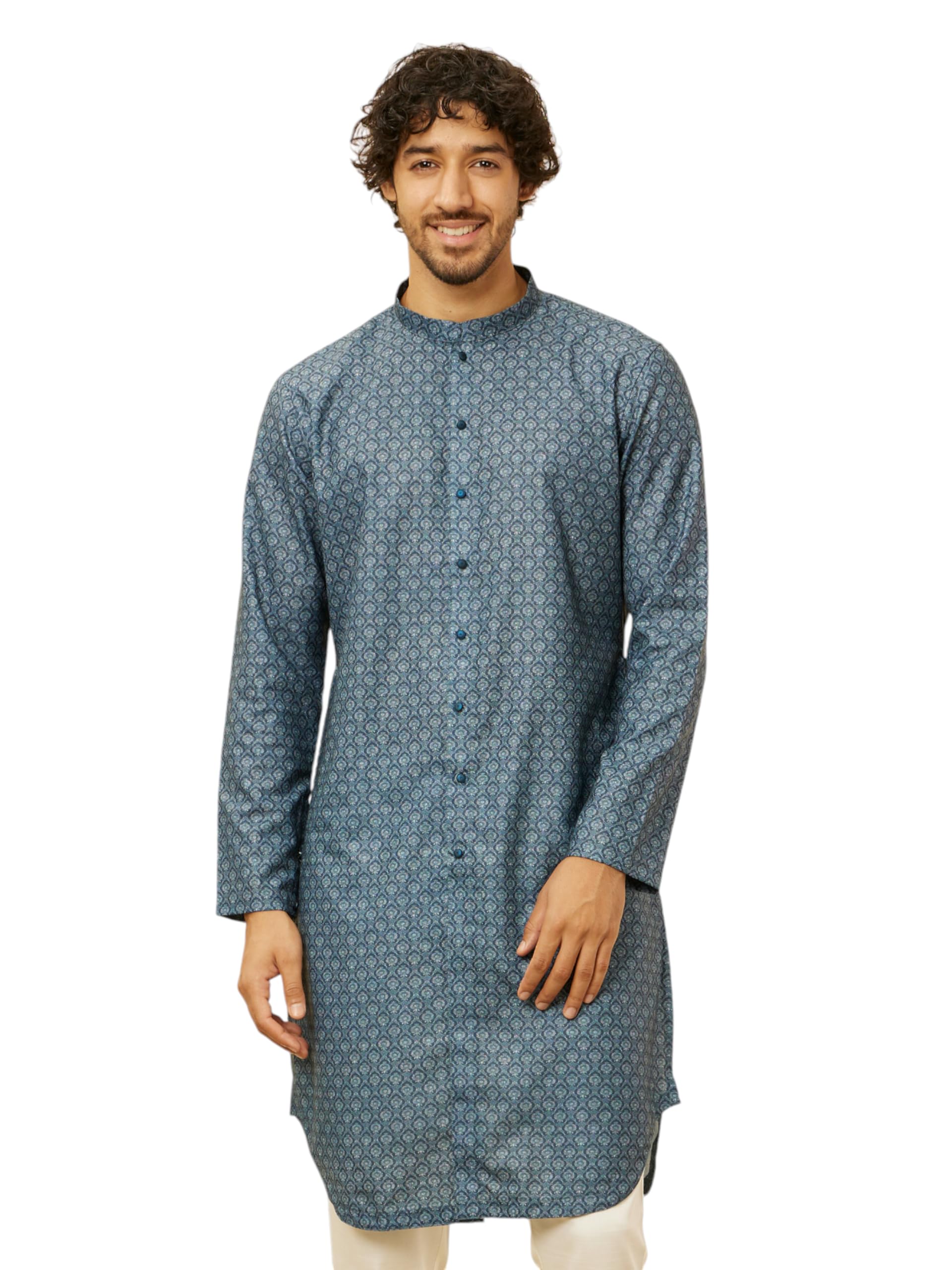 Manyavar MenS Azure Blue Buta Motif Printed Kurta (M)