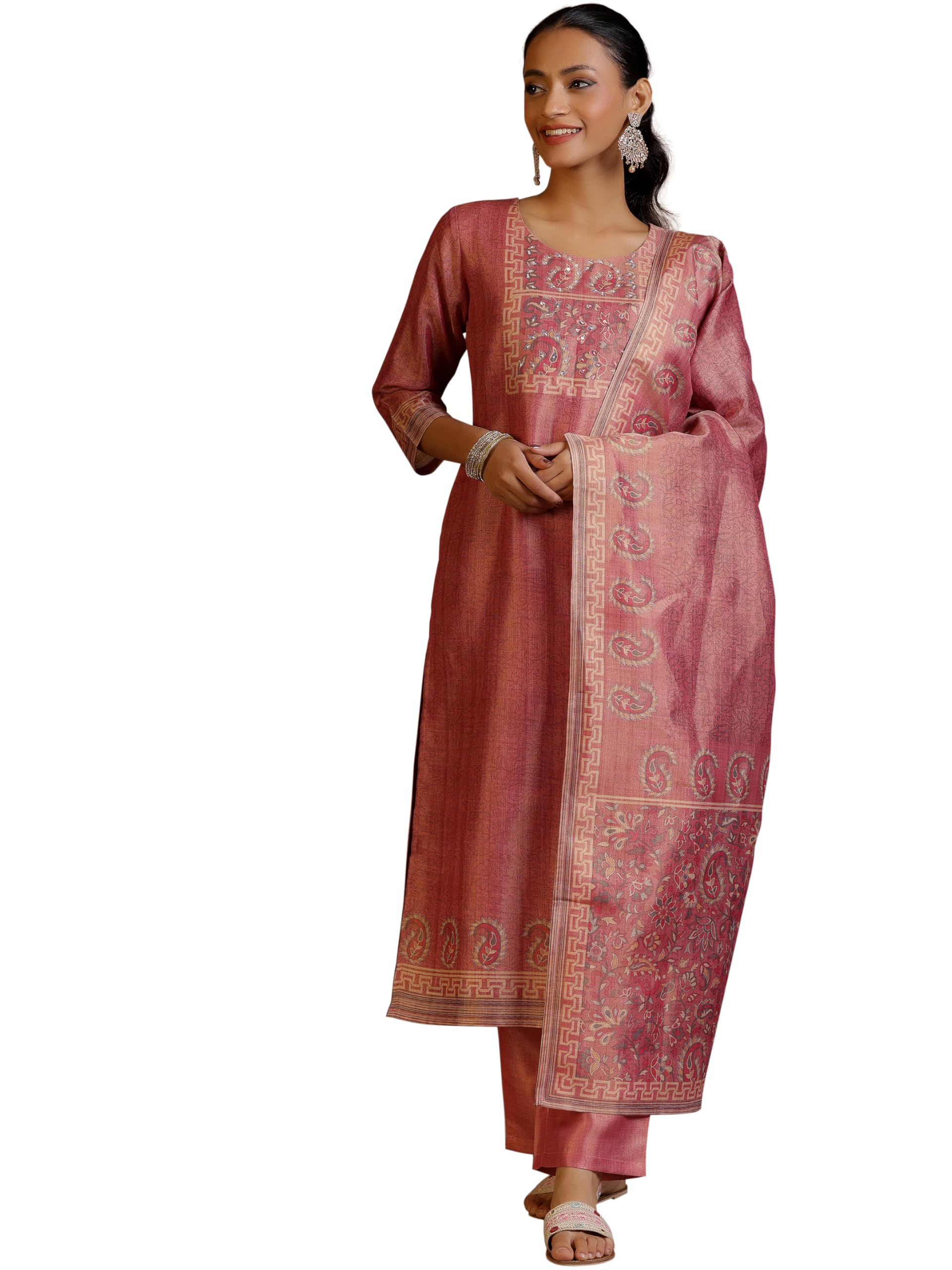 Libas Womens Printed Silk Straight Kurta With Trousers and Dupatta