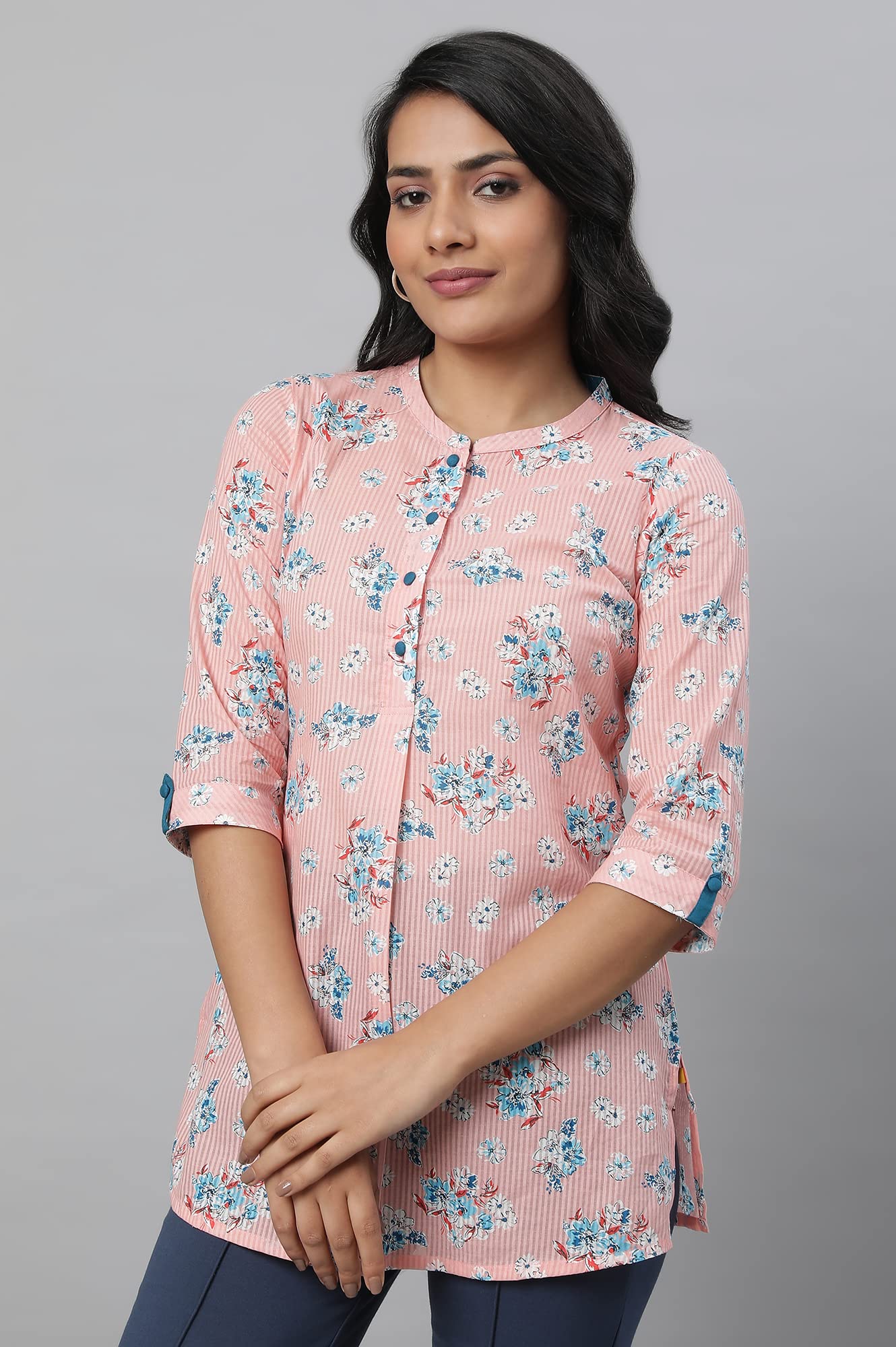 Aurelia Peach Striped Cotton Regular Kurti For Women