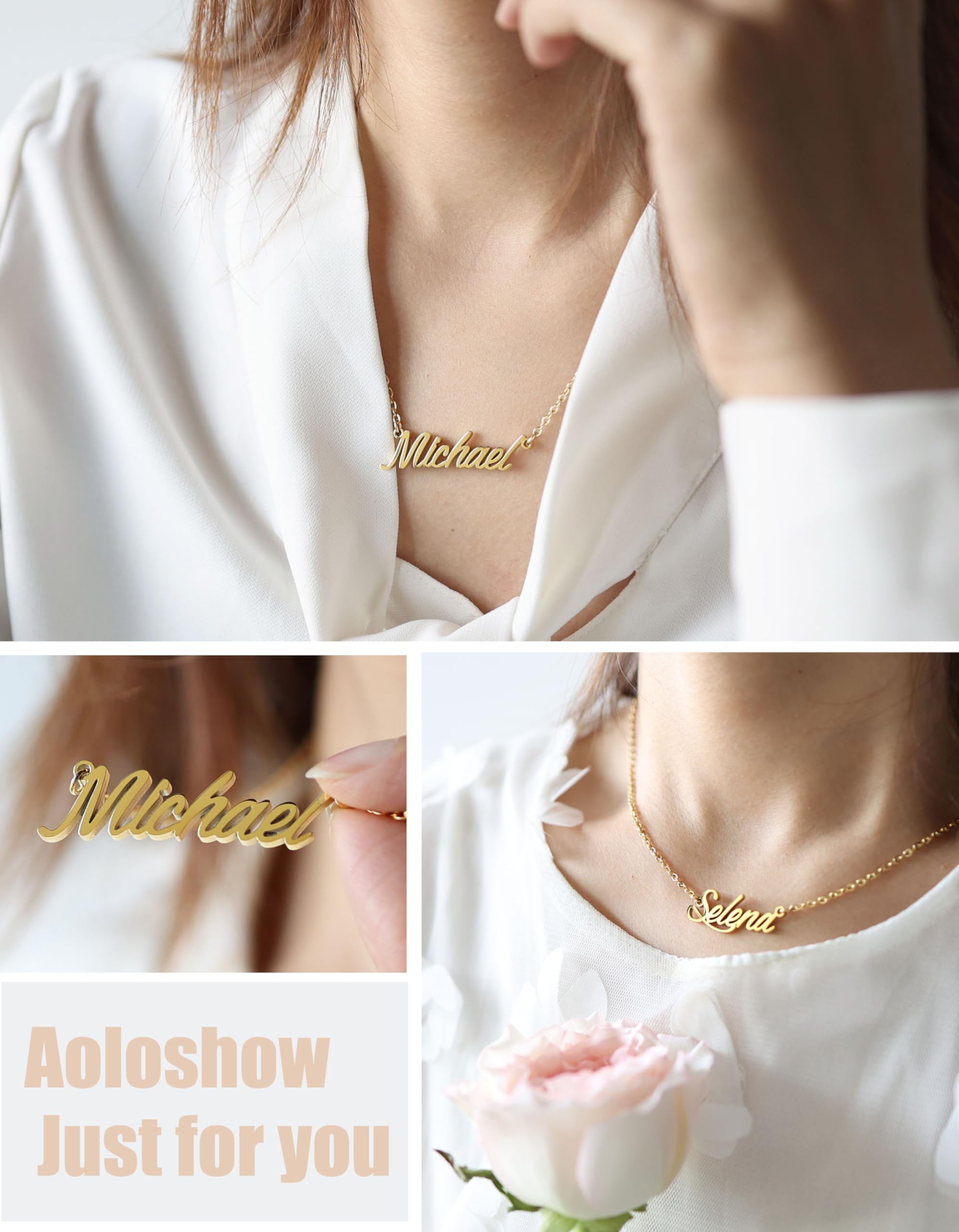 Aoloshow Katelyn Charm Name Necklace 18k Gold Plated Handwritting Nameplate Necklace Stainless Steel Womens Jewelry for Christma