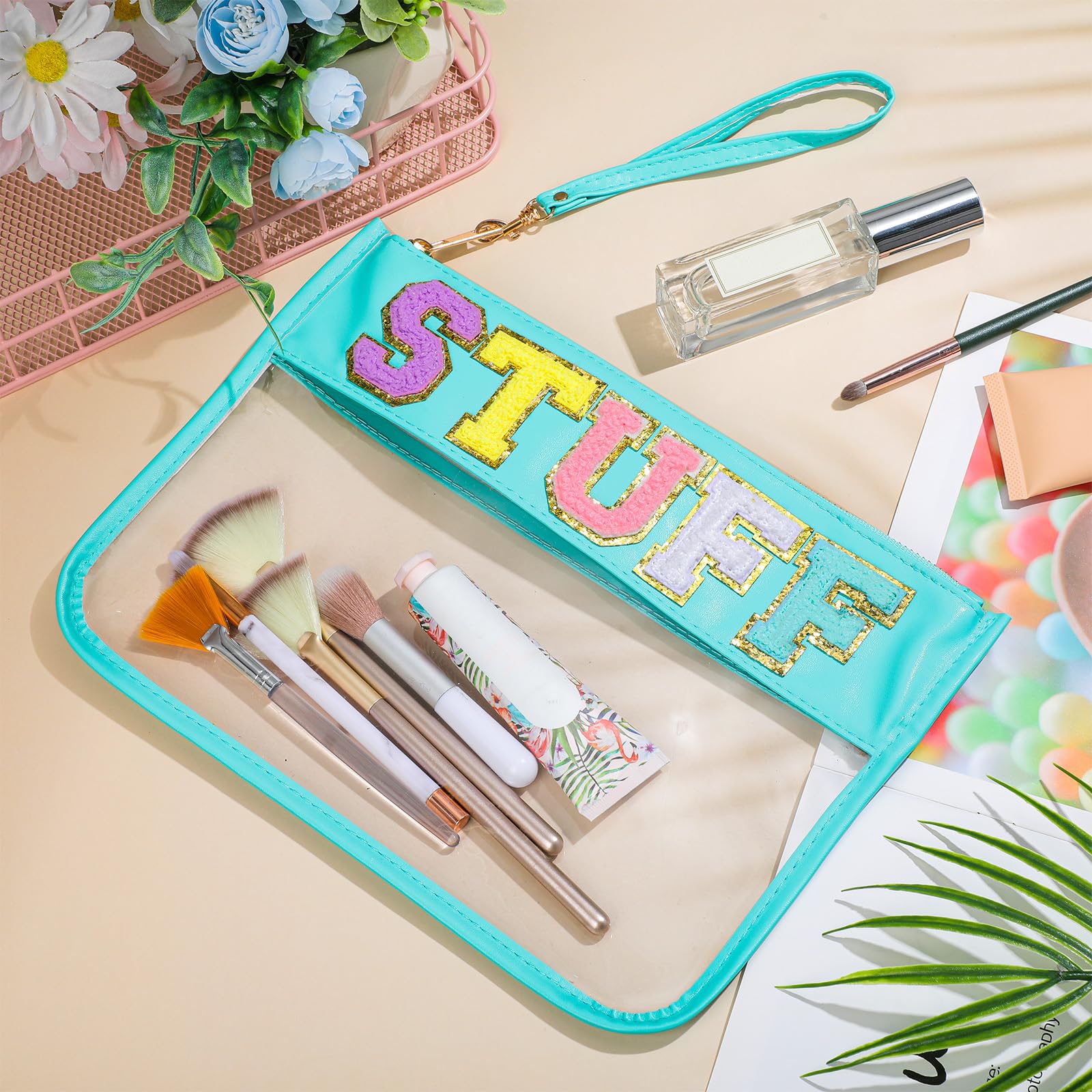 Sanwuta 2 Pcs Chenille Letter Clear Zipper Pouch Clear Cosmetic Bag Clear Purse Clear Makeup Letter Bag Stadium Purse Bag Transp