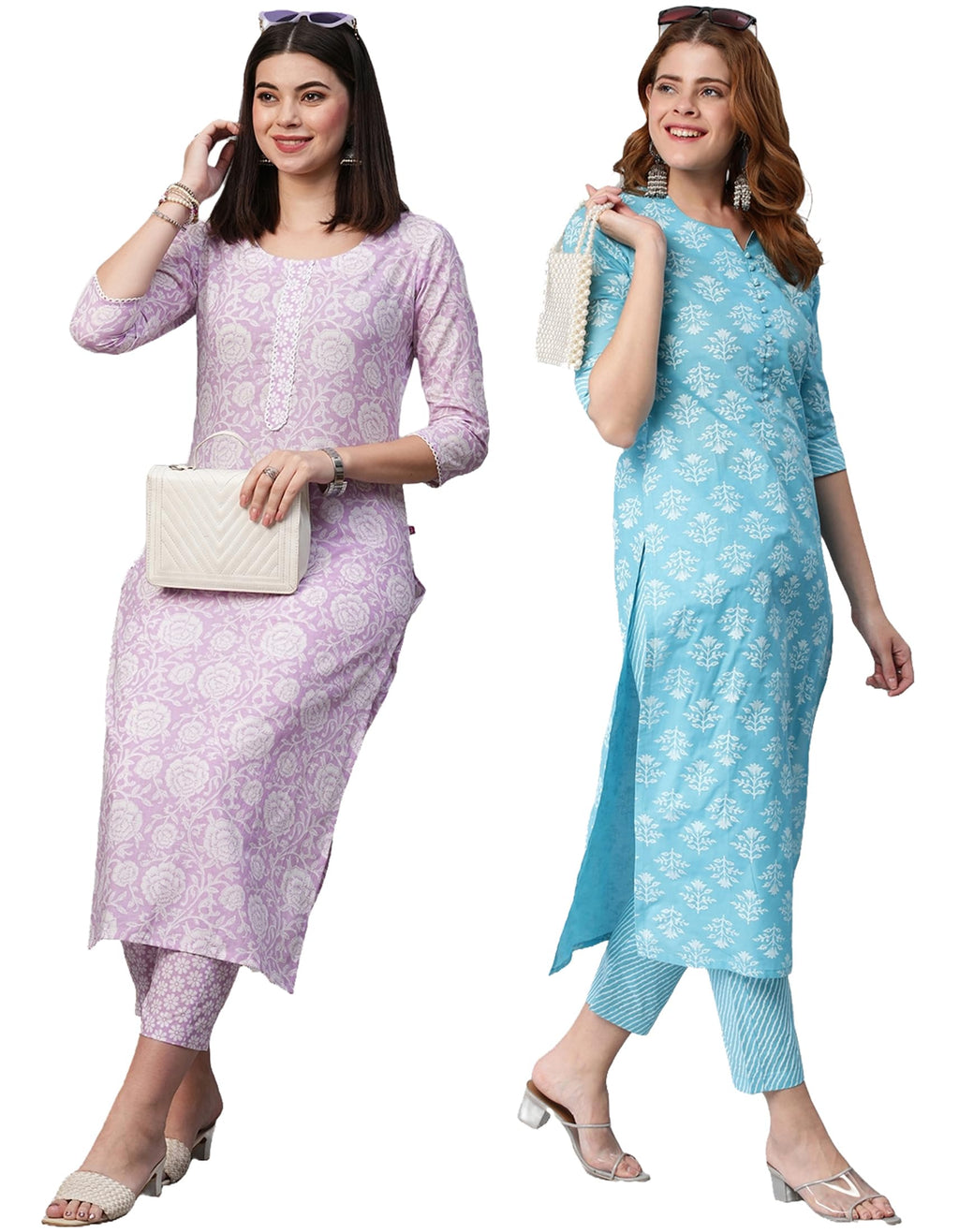 ANNI DESIGNER Women's Cotton Blend Printed Straight Kurta with Pant Pack of 2 (Combo-Mukh-Kidya_Multicolor_Large)