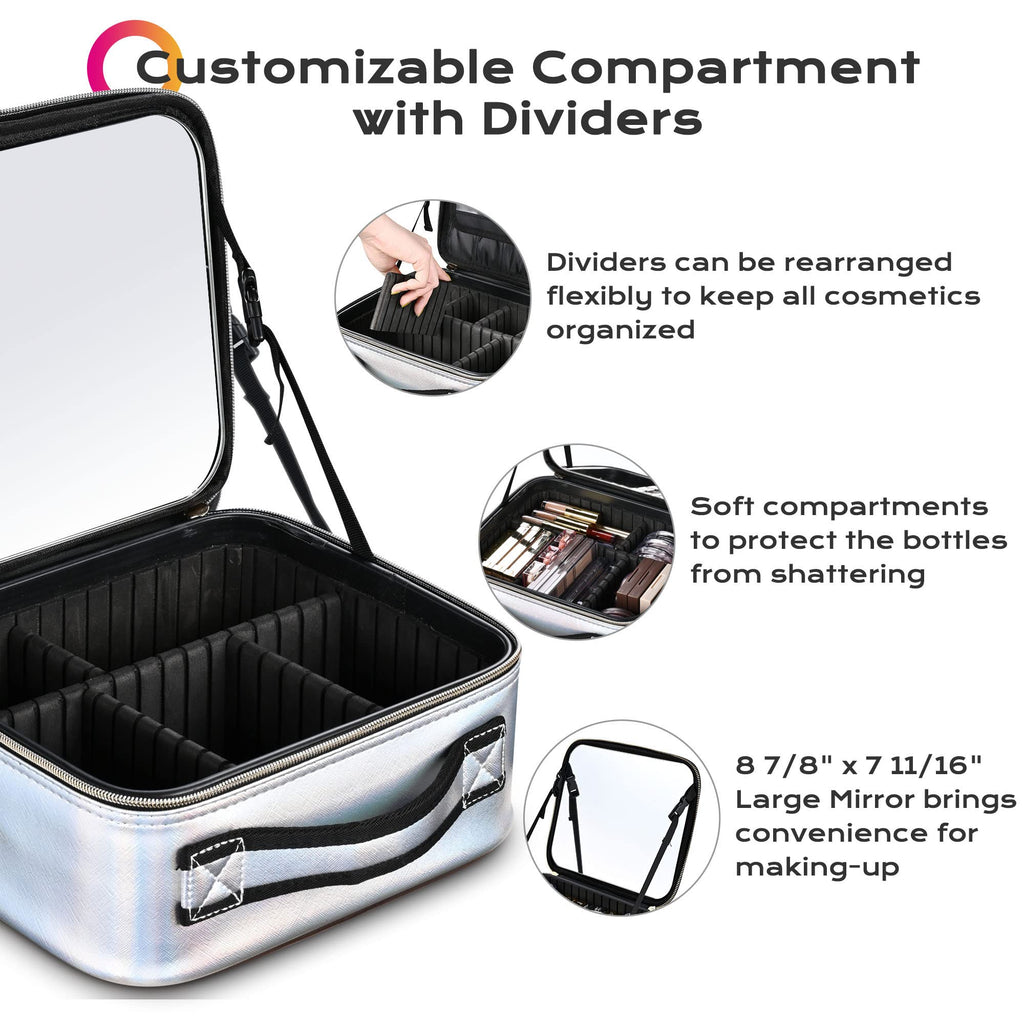 BYOOTIQUE Makeup Bag Travel Makeup Case 10 Cosmetic Storage Case Portable Makeup Artist Storage Box with Mirror & Adjustable Div