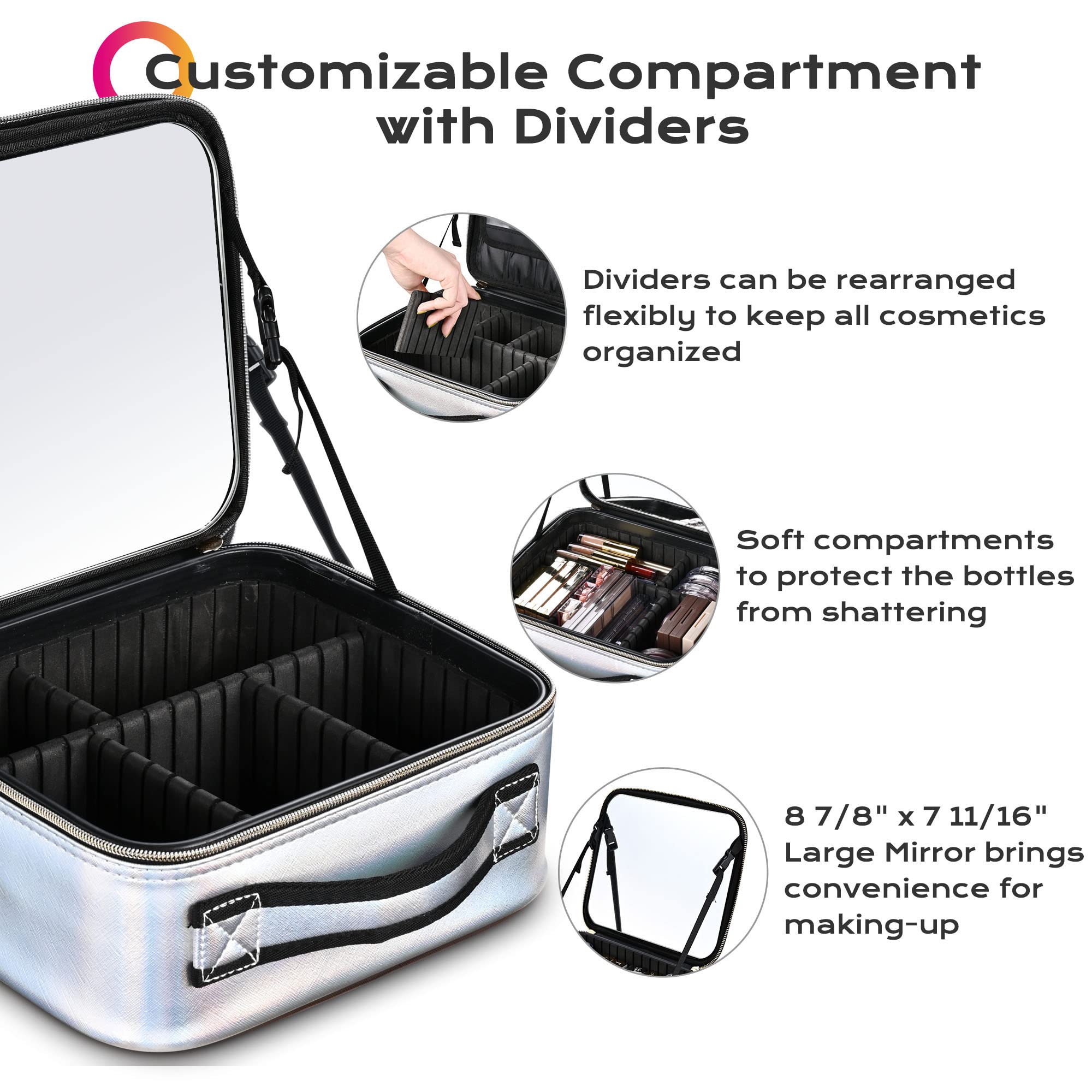BYOOTIQUE Makeup Bag Travel Makeup Case 10 Cosmetic Storage Case Portable Makeup Artist Storage Box with Mirror & Adjustable Div