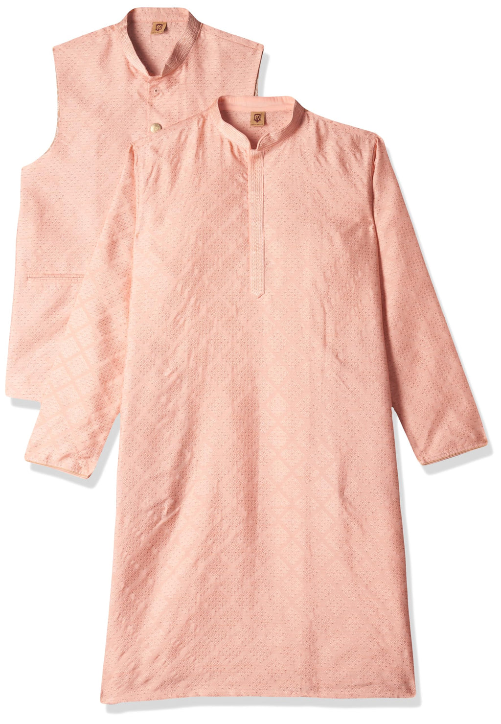 Manyavar Peach Art Silk Self Design Celebration Kurta Jacket Set With Mandarin Collar