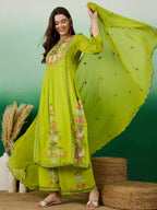 Serona Fabrics WomenS Faux Georgette Thread Embroidered Work Kurta With Palazzos & Dupatta