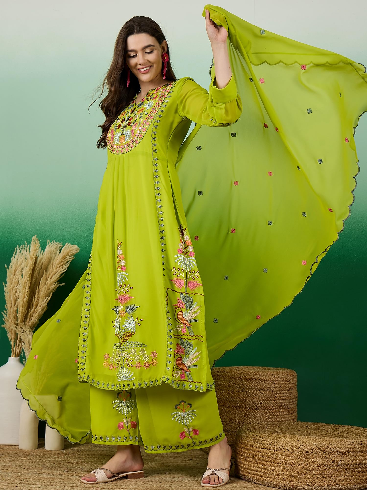 Serona Fabrics WomenS Faux Georgette Thread Embroidered Work Kurta With Palazzos & Dupatta
