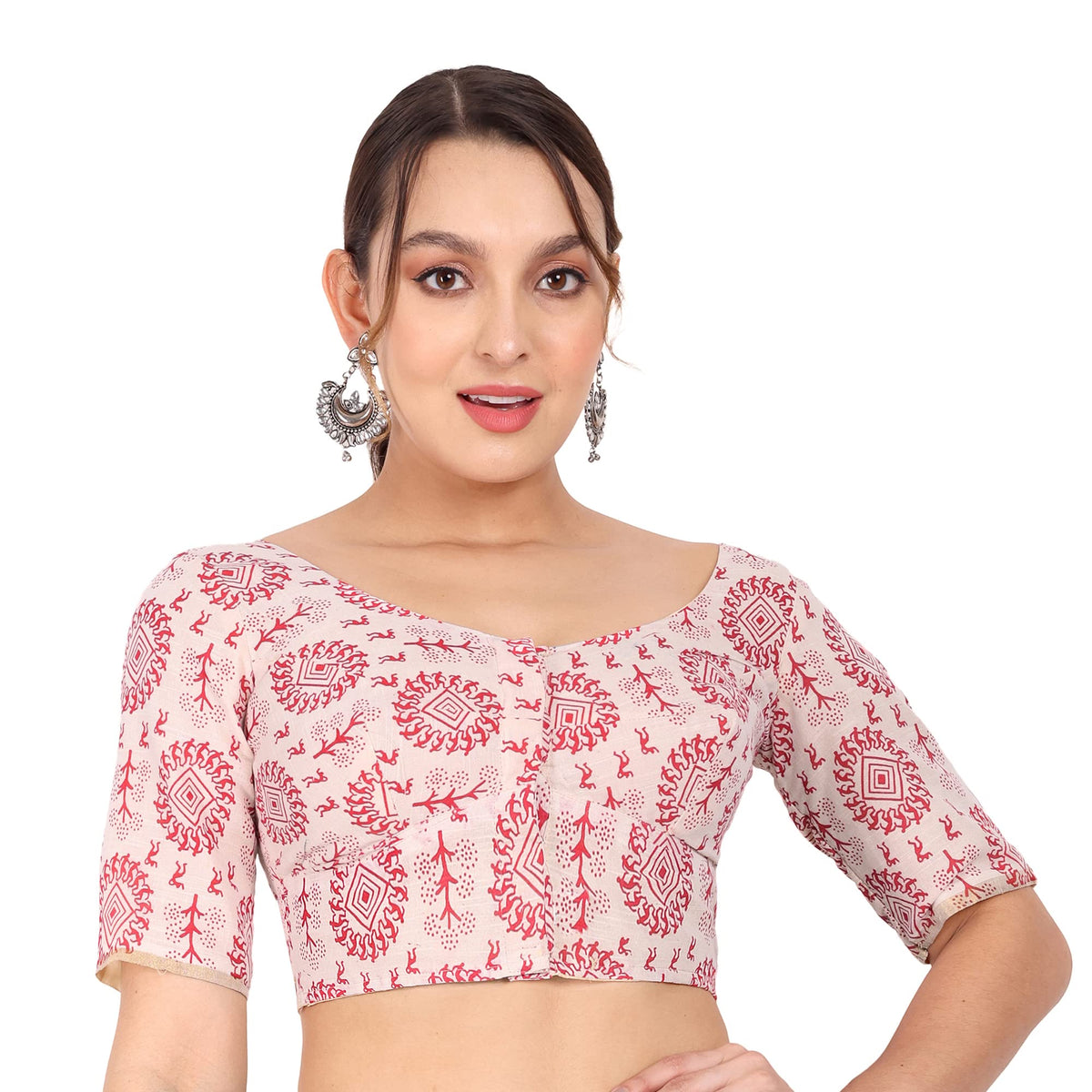 Jisb WomenS Printed Cotton Elbow Sleeve Kerala Saree Blouse (36, Red) 36