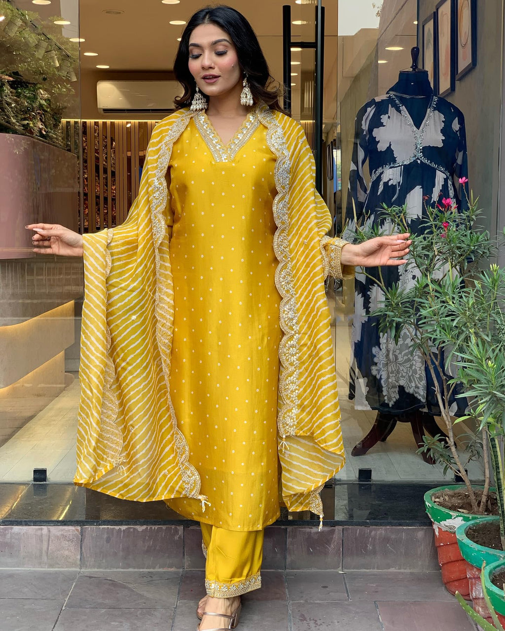 ANNI DESIGNER Women s Straight Printed Rayon Blend Kurta with Trousers and Dupatta