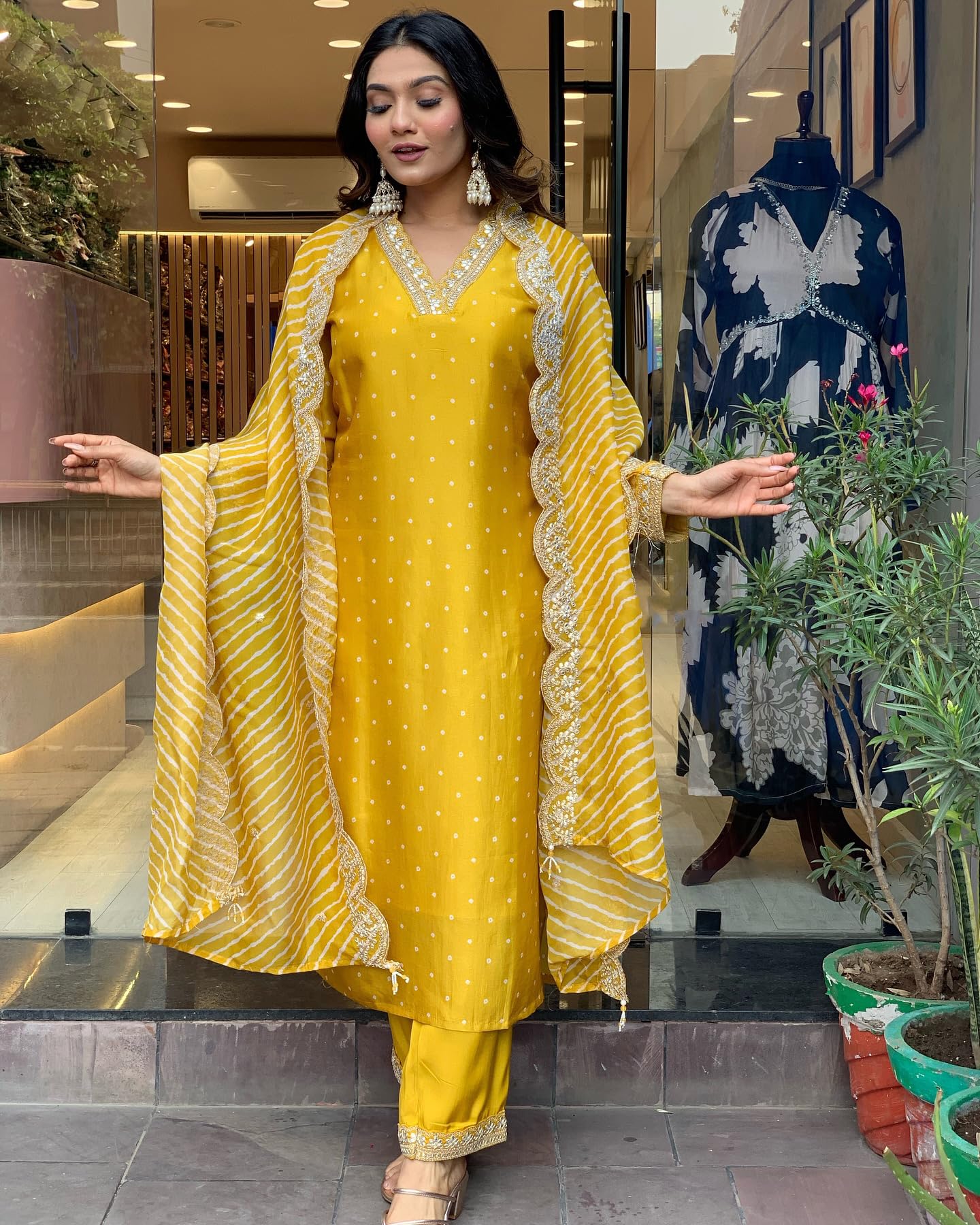 ANNI DESIGNER Women s Straight Printed Rayon Blend Kurta with Trousers and Dupatta