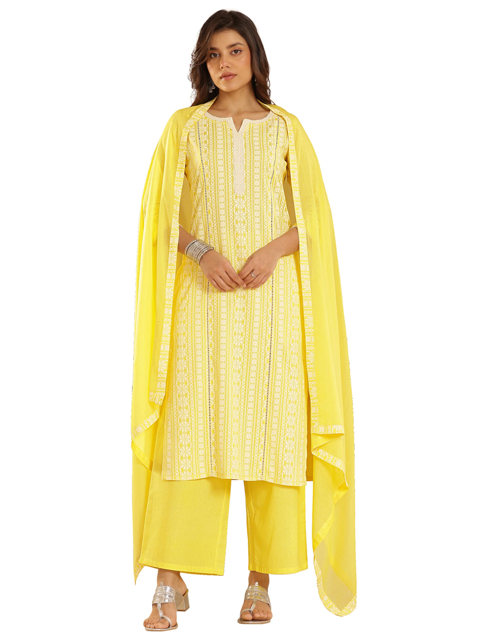 Libas Womens Printed Rayon Straight Kurta With Palazzos And Dupatta