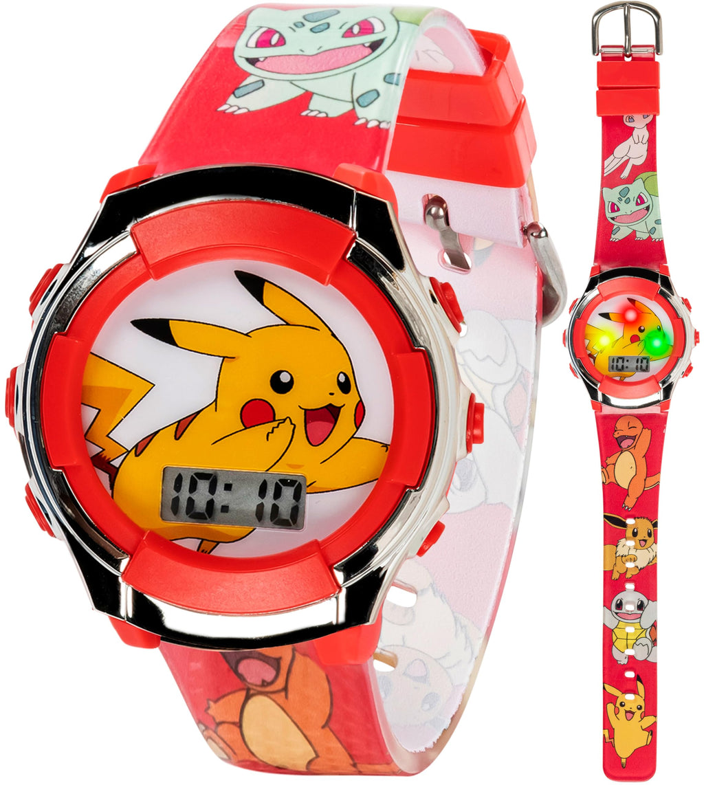 Accutime Kids Pokemon Pikachu Digital LCD Quartz Red Wrist Watch with Red Strap, Cool Inexpensive Gift & Party Favor for Boys, G