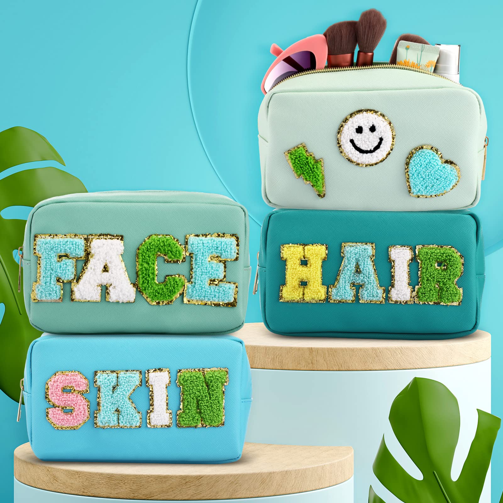 Sanwuta 4 Pcs Hair Face Skin Travel Bag Set Preppy Makeup Pouch PU Leather Skincare Bag Waterproof Cosmetic Organizer Birthday
