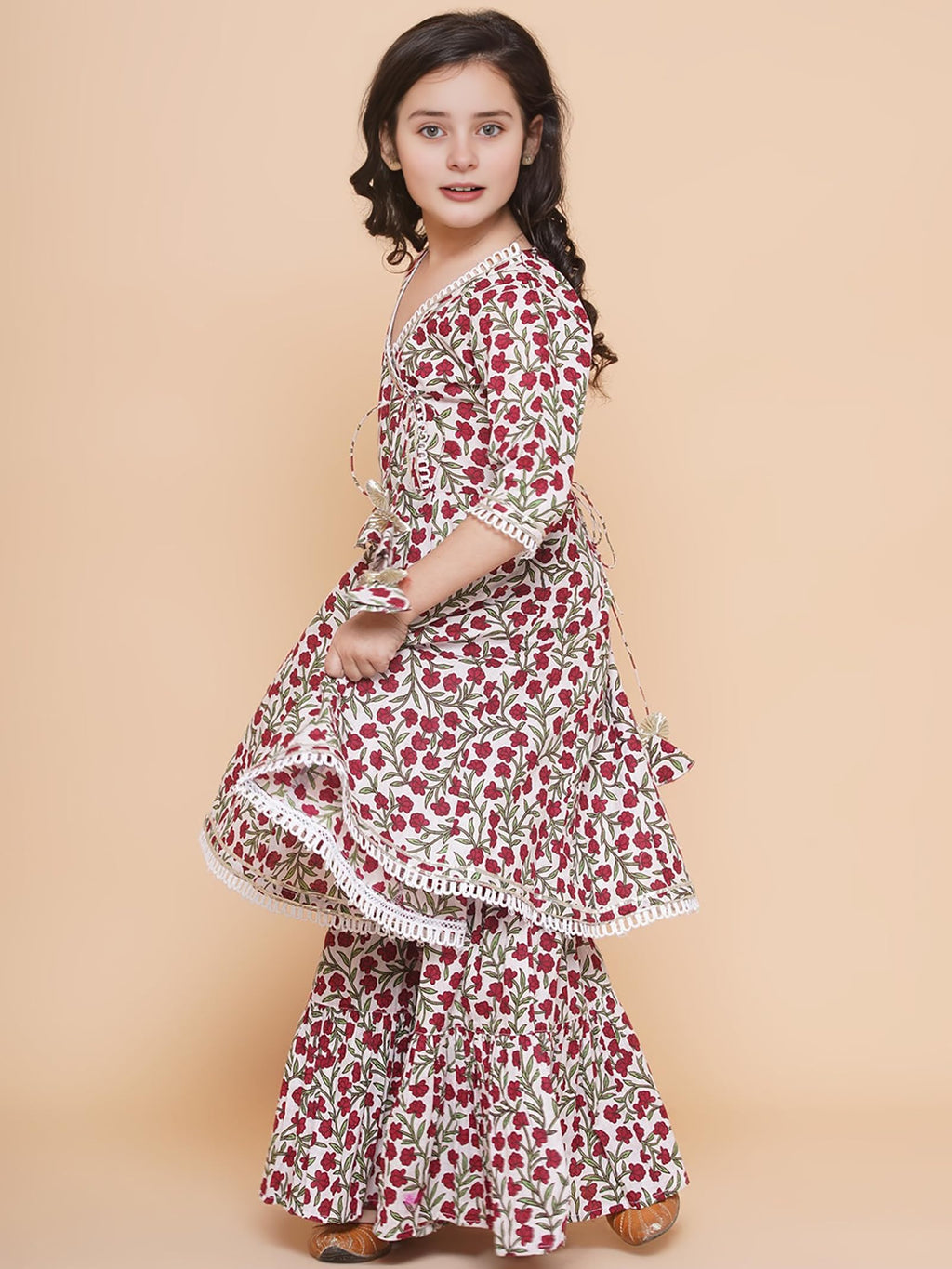 Naixa Girls Brown Rayon V Neck 3/4 Sleeve Flared-Fit Printed Kurta And Sharara With Dupatta Set | Traditional Printed Salwar Sui