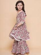 Naixa Girls Brown Rayon V Neck 3/4 Sleeve Flared-Fit Printed Kurta And Sharara With Dupatta Set | Traditional Printed Salwar Sui
