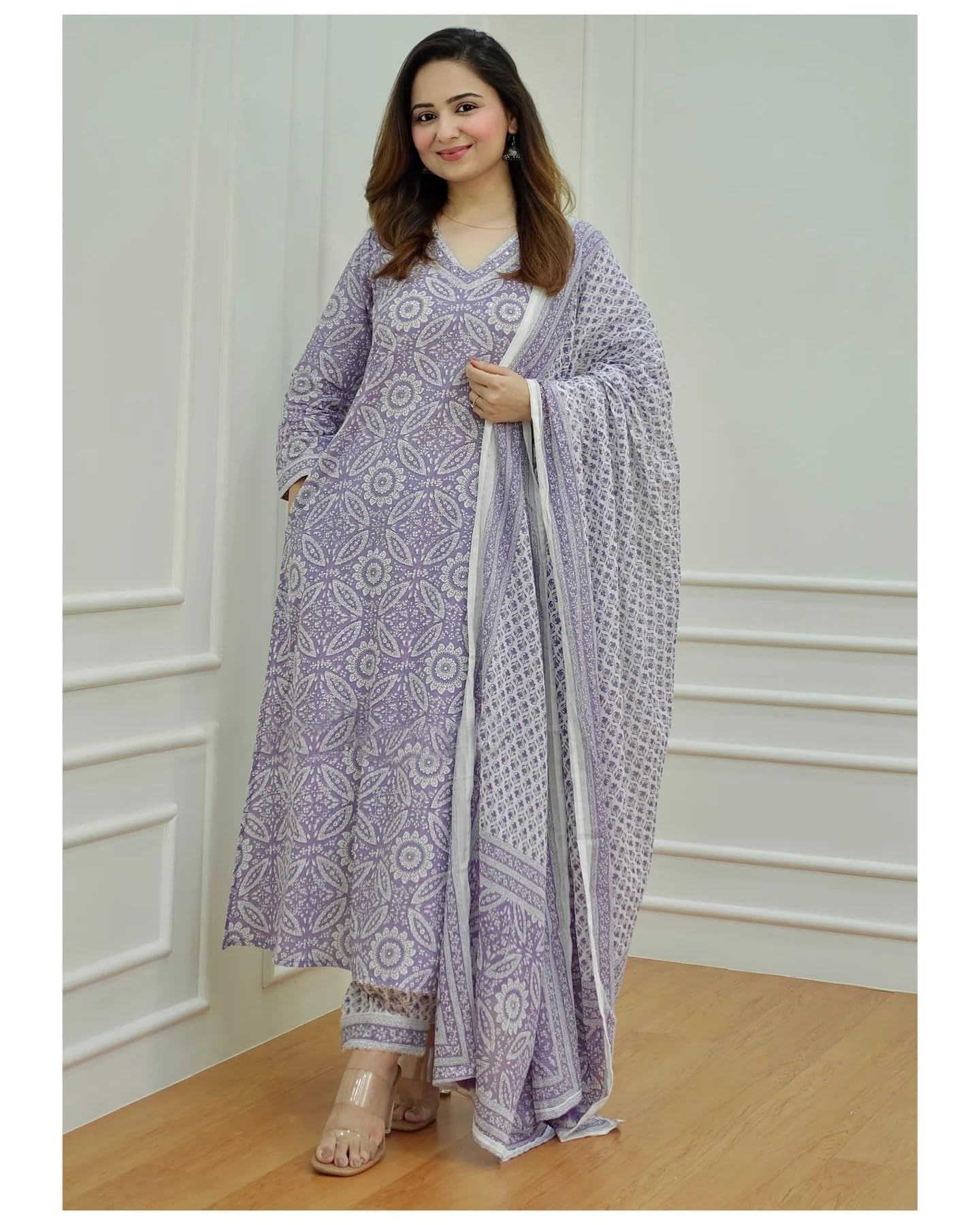 ANNI DESIGNER Womens Cotton Blend Floral Straight Kurta with Pant & Dupatta (Nihira_Purple_Small)