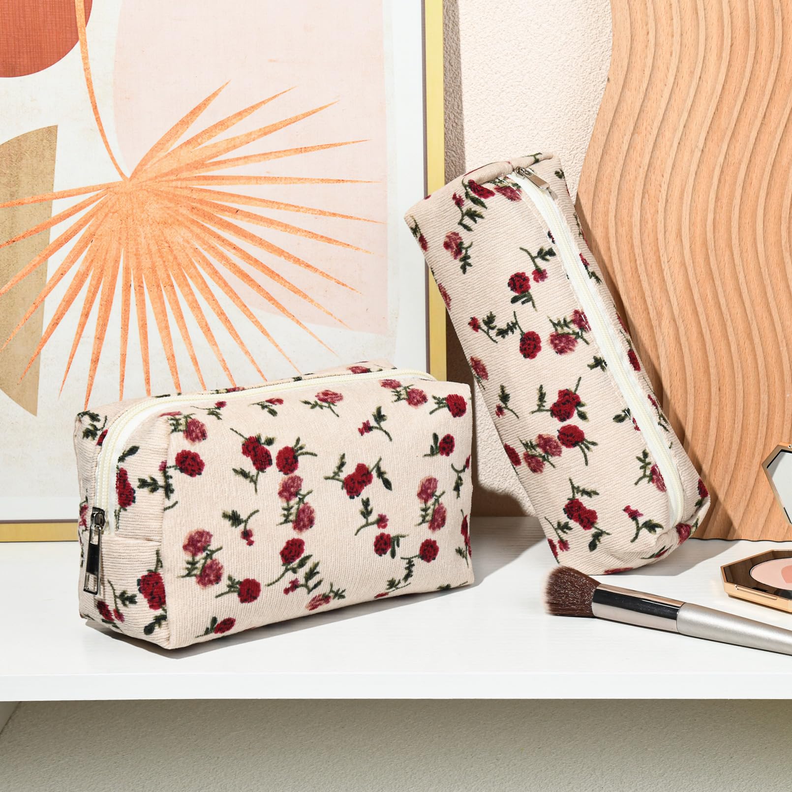 SOIDRAM Makeup Bag Floral Cosmetic Bag Cute Makeup Pouch 1Pcs Large Capacity Makeup Bags and 1Pcs Makeup Brushes Storage Bag Tra