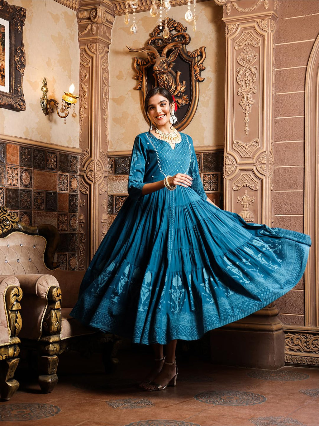 Ishin Teal Floral Printed Embellished Anarkali Dress With Tie-Up