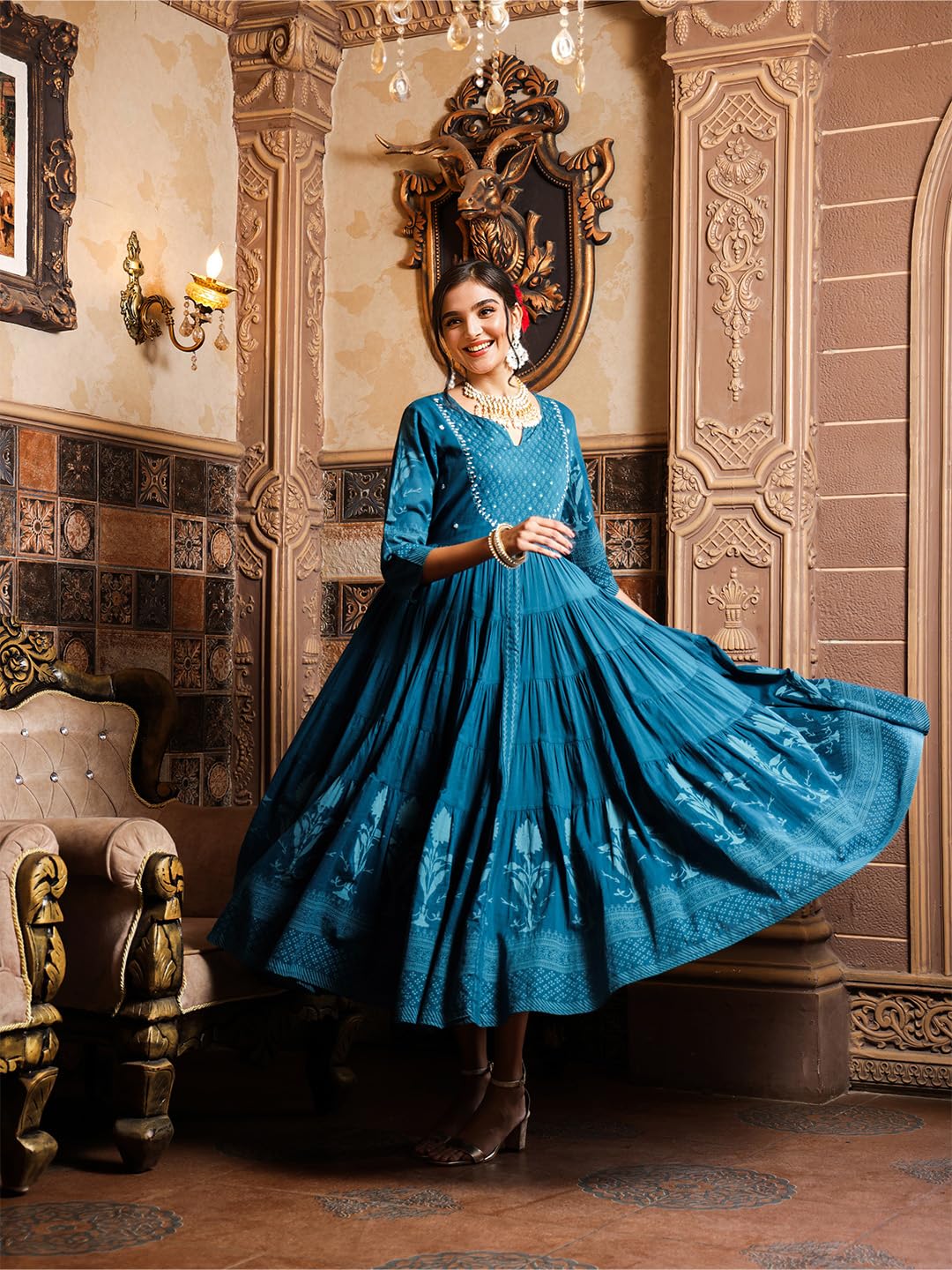 Ishin Teal Floral Printed Embellished Anarkali Dress With Tie-Up