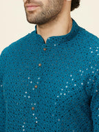 Manyavar Mens Blue Viscose Embroidered Kurta Pyjama Set