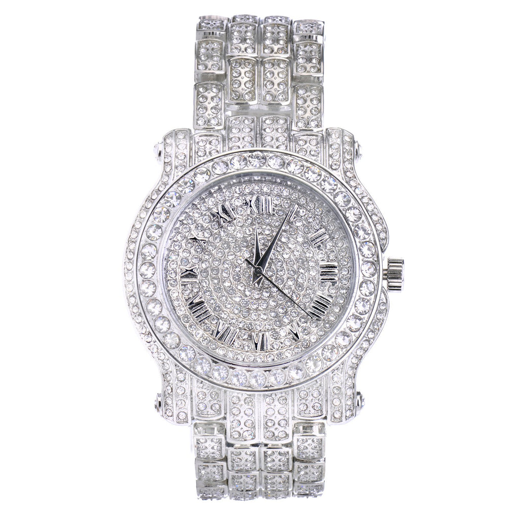 Techno Pave Mens 45mm Iced Diamond Roman Dial Watch - Silver Tone Finish