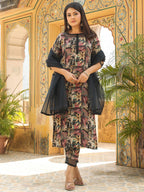 ANNI DESIGNER Ladies Rayon Blend Printed Kurta with Trousers and Dupatta, Black, XL