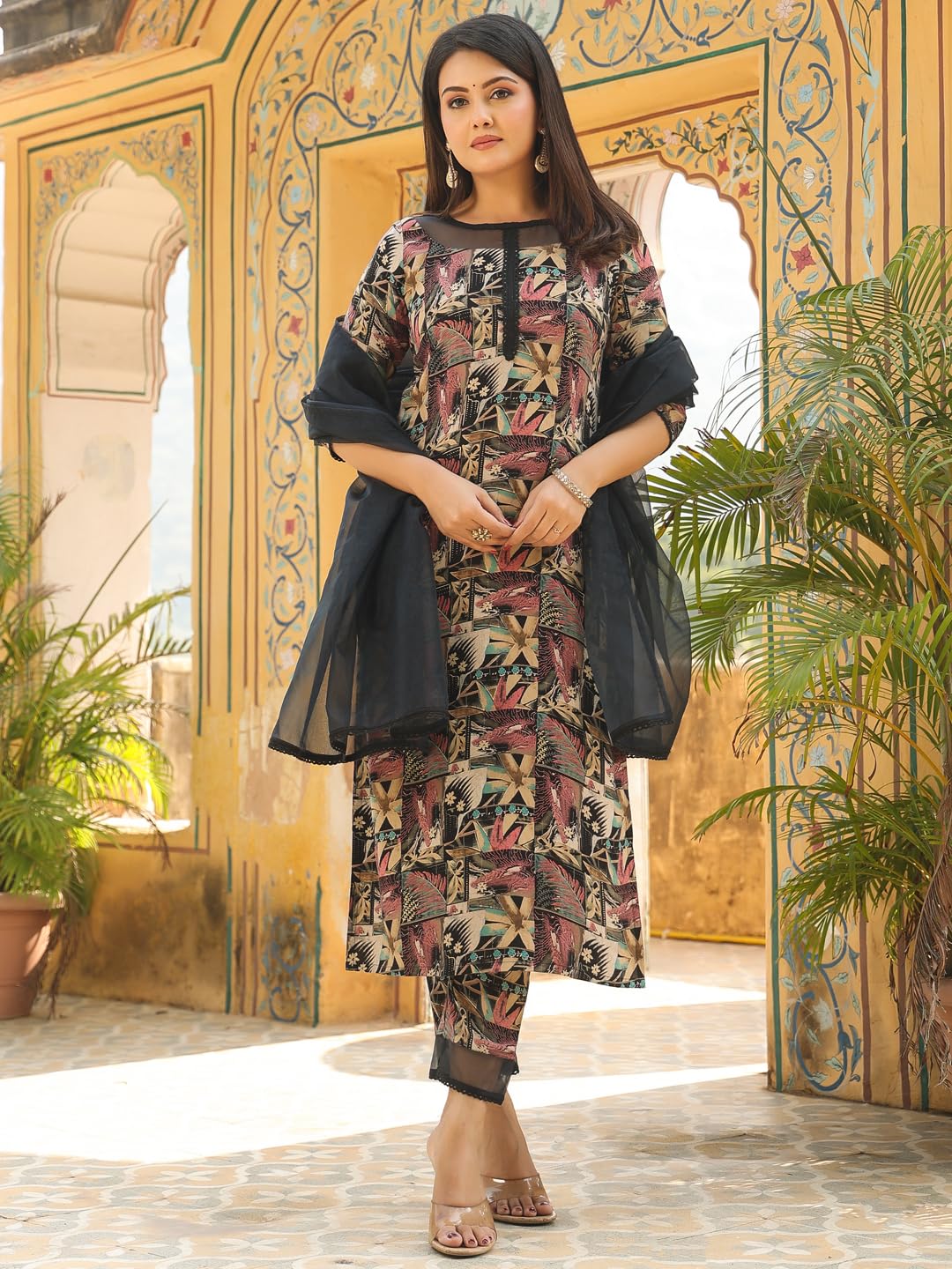 ANNI DESIGNER Ladies Rayon Blend Printed Kurta with Trousers and Dupatta, Black, XXL