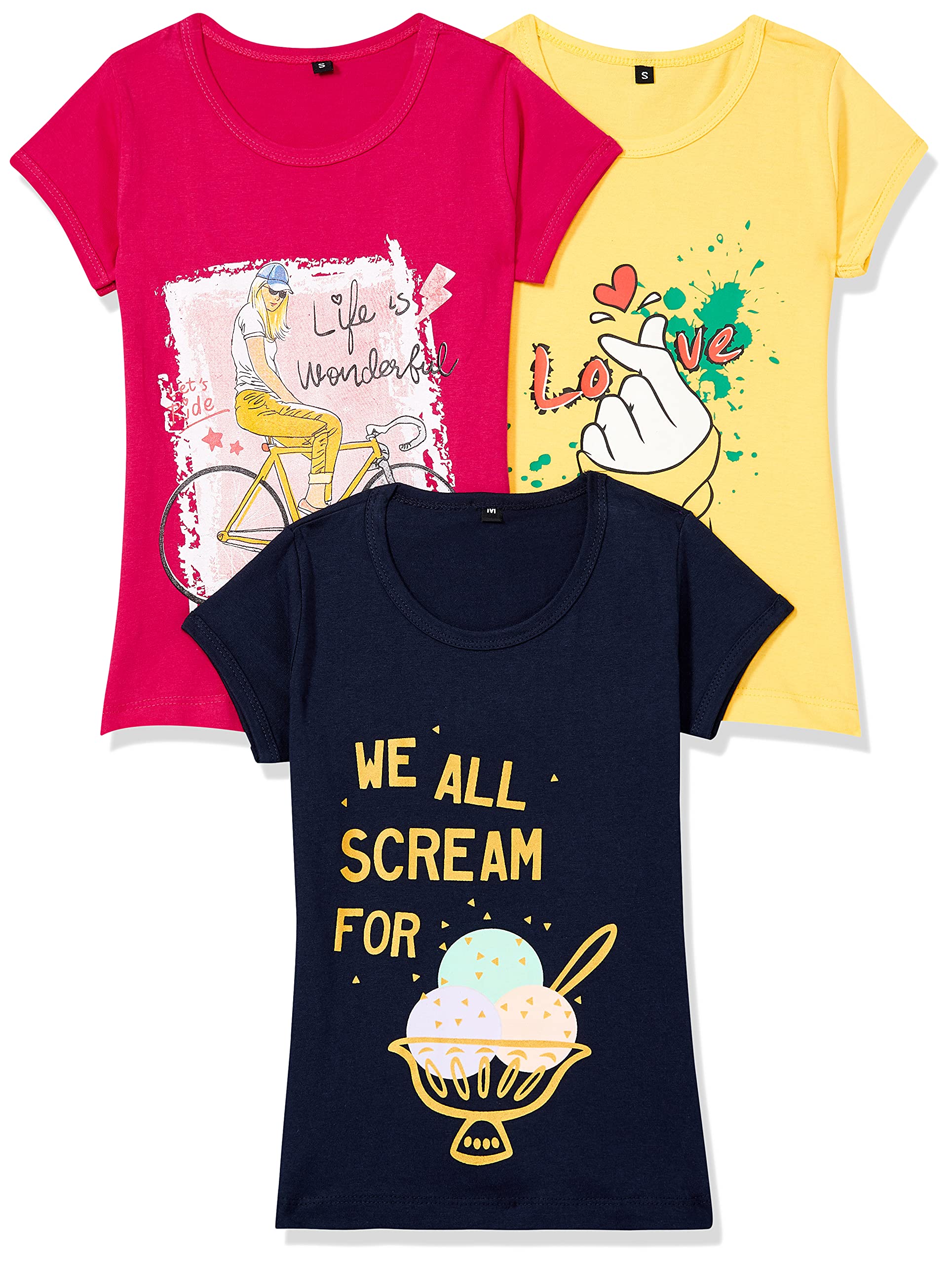 T2F Girls Cotton Regular Fit T-Shirt(Pack of 3)