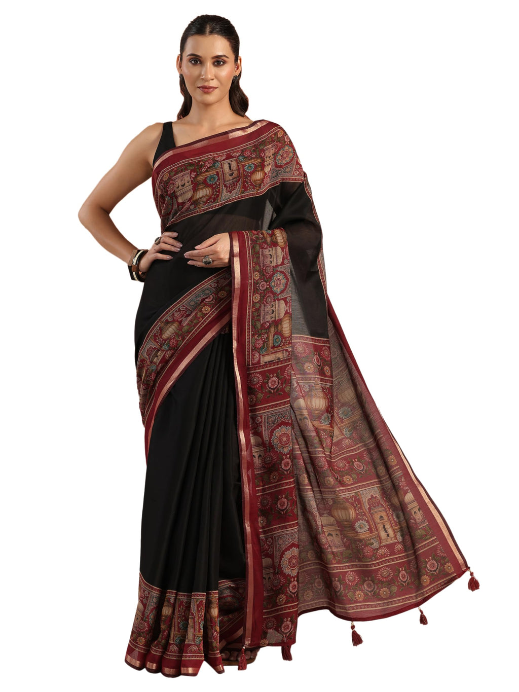 Libas Solid Cotton Blend Saree With Unstitched Blouse Piece