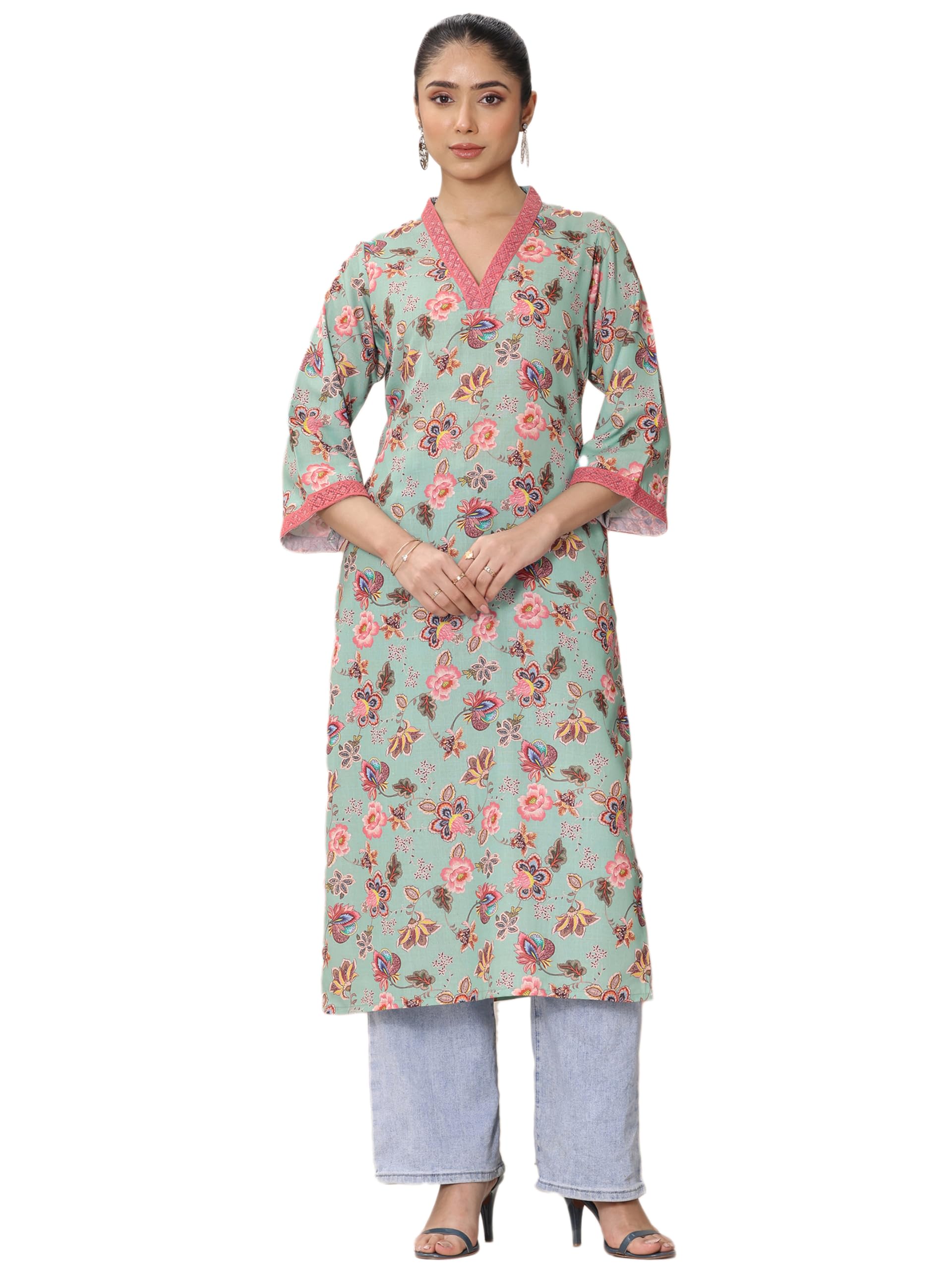 Libas Womens Printed Cotton Blend Straight Kurta For Women Blue