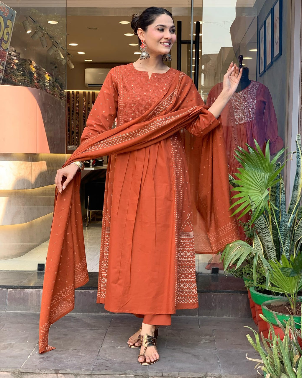 ANNI DESIGNER Women s Anarkali Viscose Kurta with Trousers and Dupatta, Orange, XL