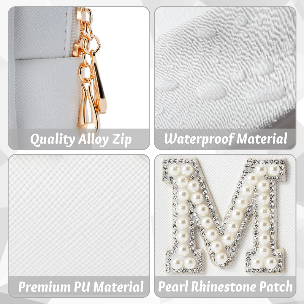 Y1tvei Mrs Cosmetic Large Bag - White Patch Varsity Letter MRS Toiletry Big Bag Pearl Rhinestone Letter Patches Big Makeup PU Ba