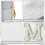 Y1tvei Mrs Cosmetic Large Bag - White Patch Varsity Letter MRS Toiletry Big Bag Pearl Rhinestone Letter Patches Big Makeup PU Ba