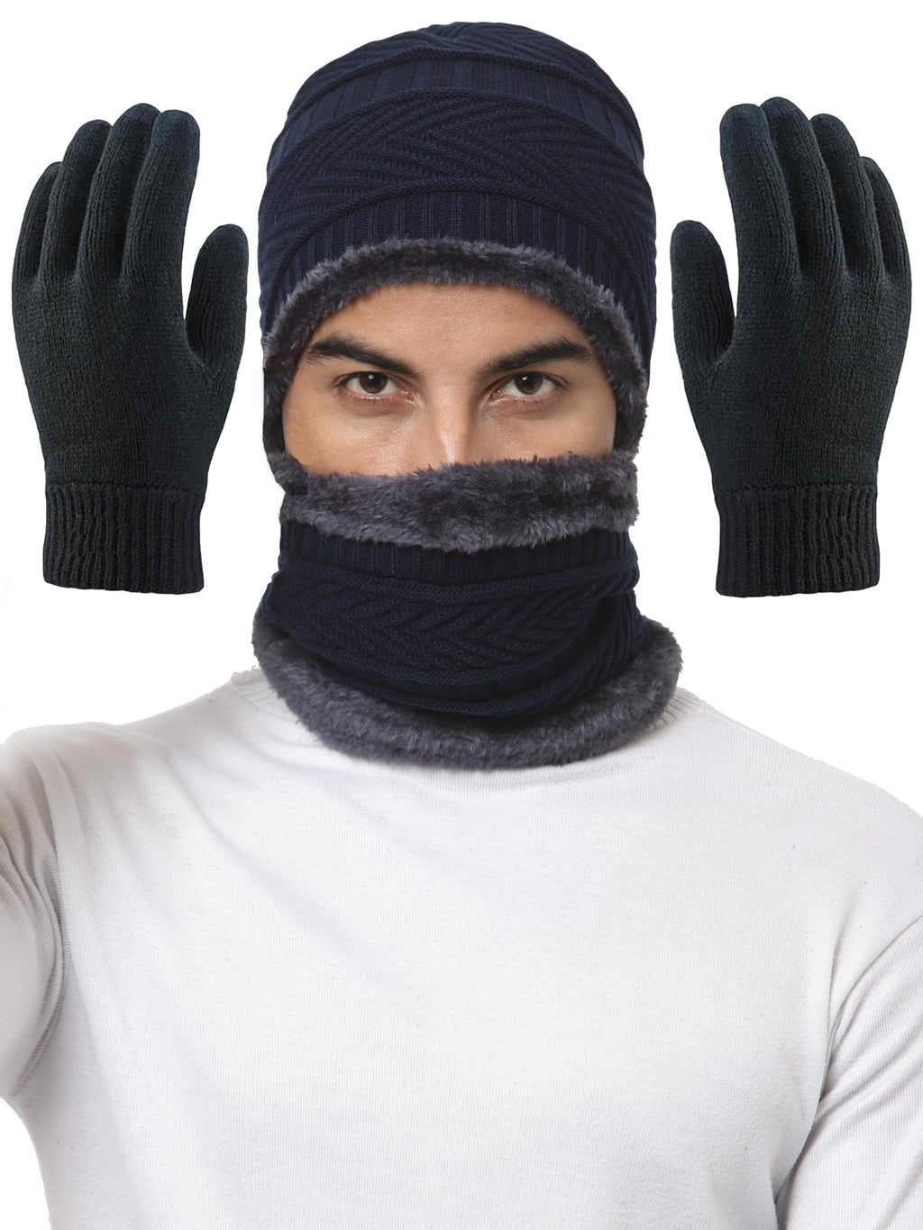 Weavers Villa Snow Proof Inside Fur Acro Unisex Beanie Cap with Neck Warmer & Woollen Gloves Set Knit Hat Thick Fleece Lined Win