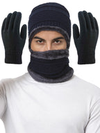 Weavers Villa Snow Proof Inside Fur Acro Unisex Beanie Cap with Neck Warmer & Woollen Gloves Set Knit Hat Thick Fleece Lined Win
