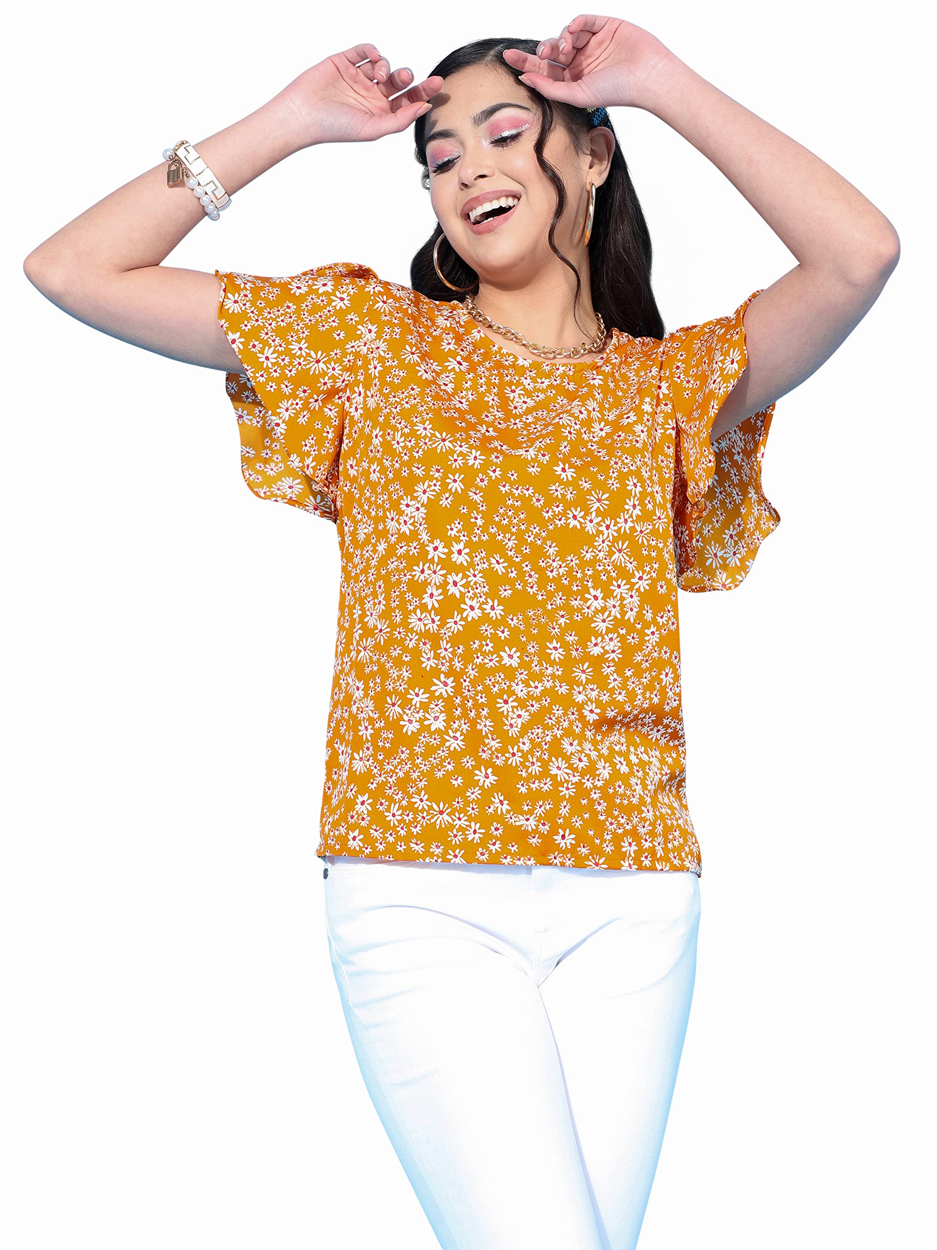 OOMPH! Womens Crepe Printed top with Boat Neck and Butterfly Sleeve