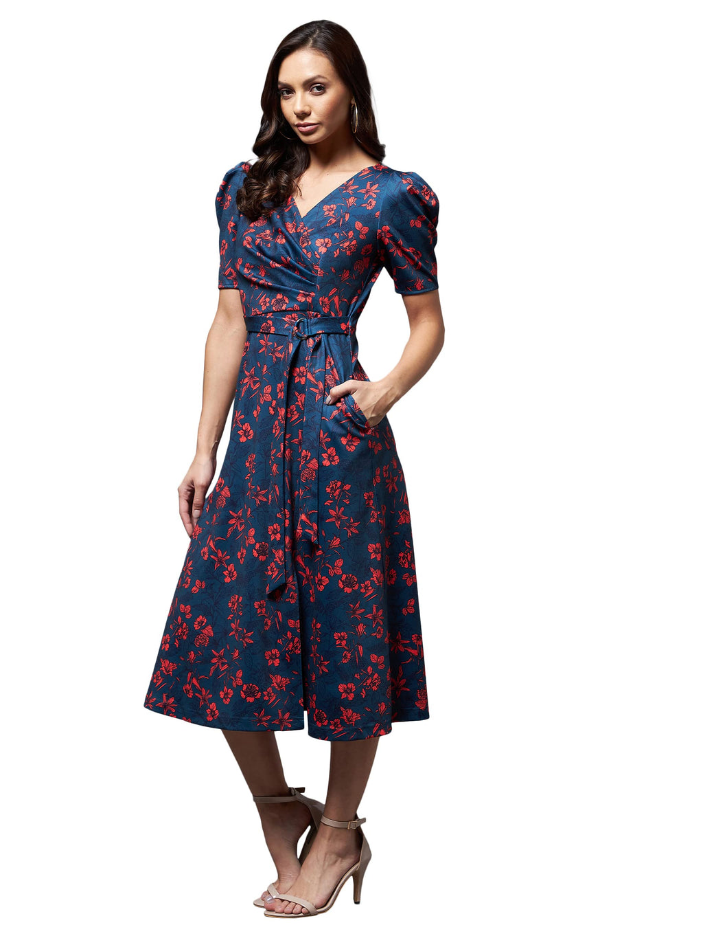 Miss Chase Womens Teal V-Neck Puff Sleeve Floral Wrap Midi Dress (MCAW21D14-84-232-04,Multicolored Base-Teal,M)