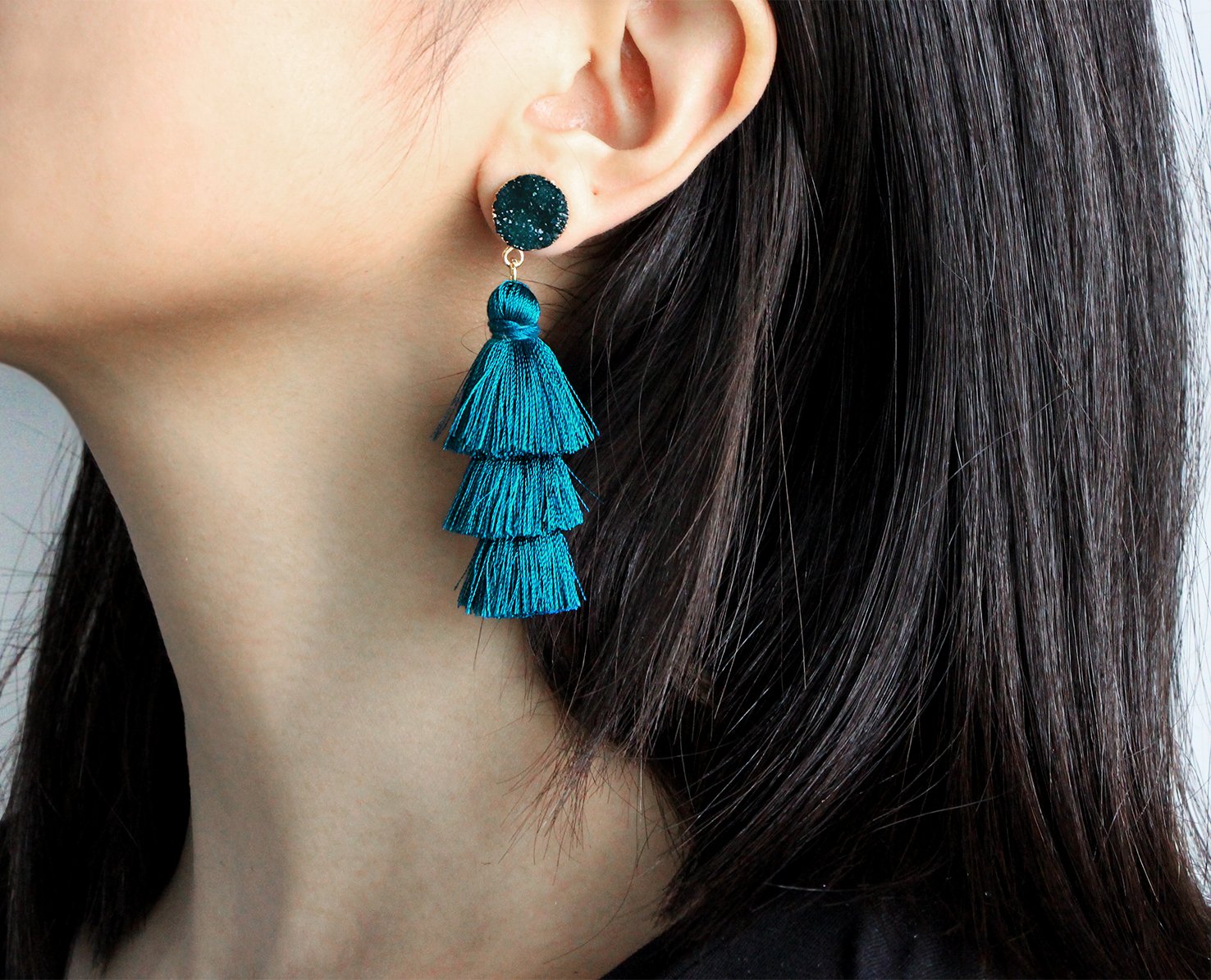 Me&Hz Fashion Tiered Tassel Dangle Earrings for Women Gemstone Studs Statement Boho Long Fringe Drops Birthday/Christmas/Party J