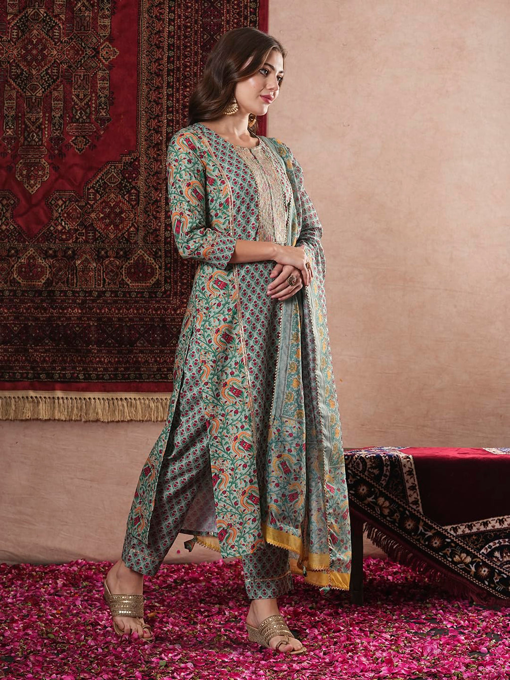 ANNI DESIGNER Ladies Cotton Blend Straight Print Cropped Trousers and Dupatta Kurta, green, M