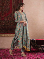 ANNI DESIGNER Ladies Cotton Blend Straight Print Cropped Trousers and Dupatta Kurta, green, M