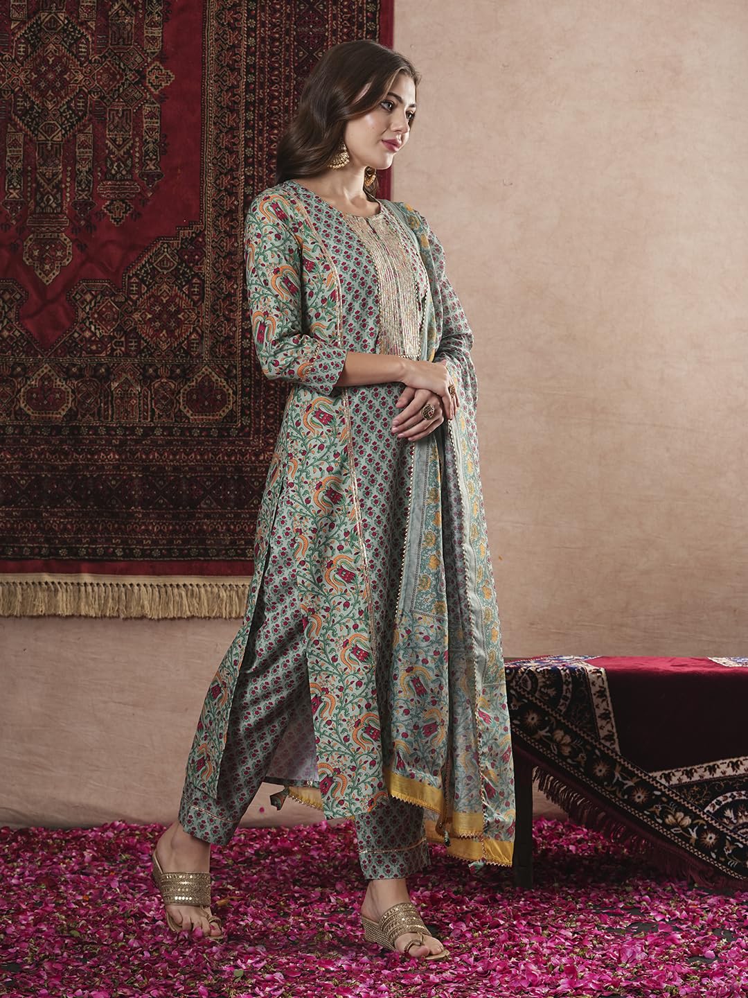 ANNI DESIGNER Ladies Cotton Blend Straight Print Cropped Trousers and Dupatta Kurta, green, M