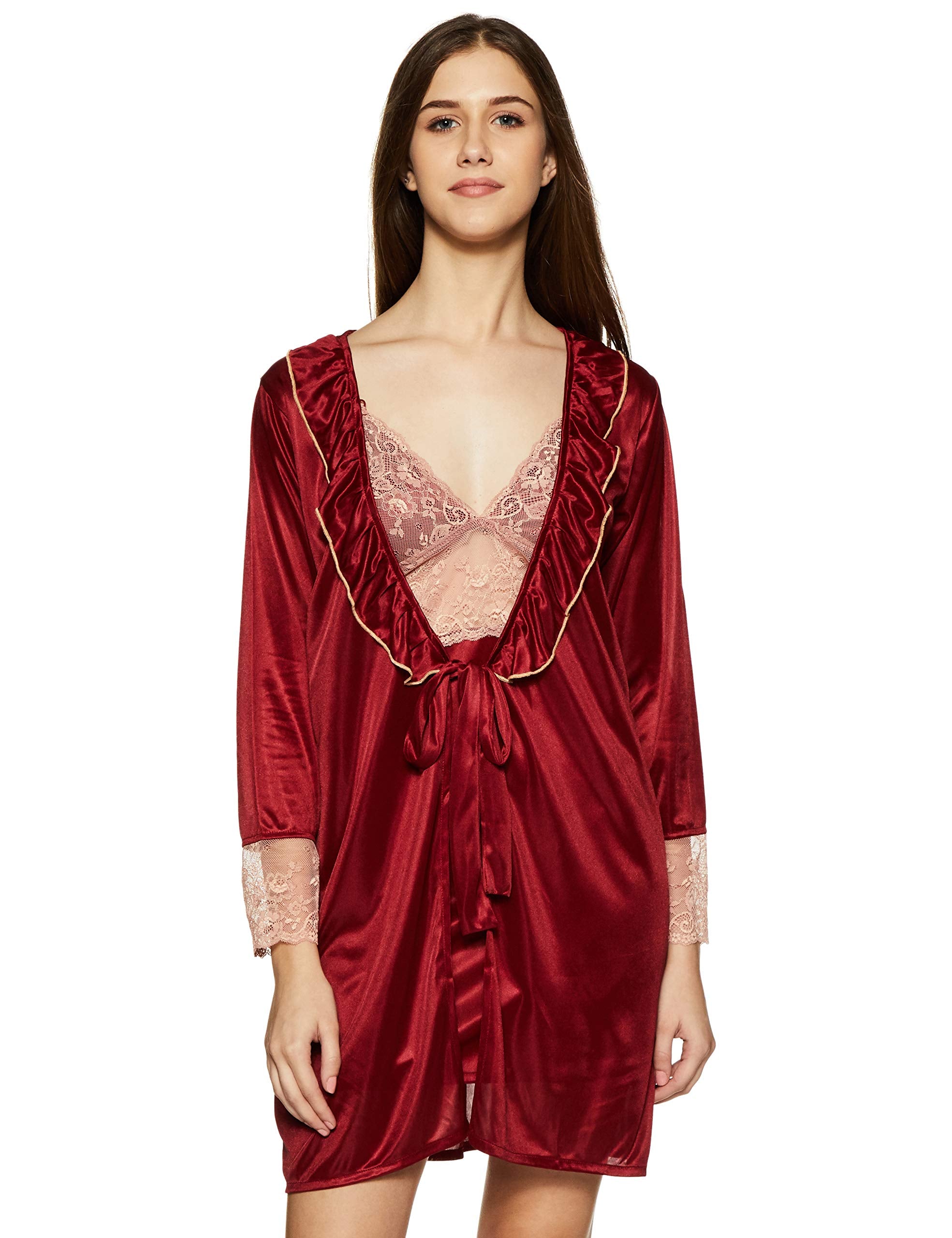 Clovia Satin Short Lace Nightie with Robe (NS0799P09_Red_L)