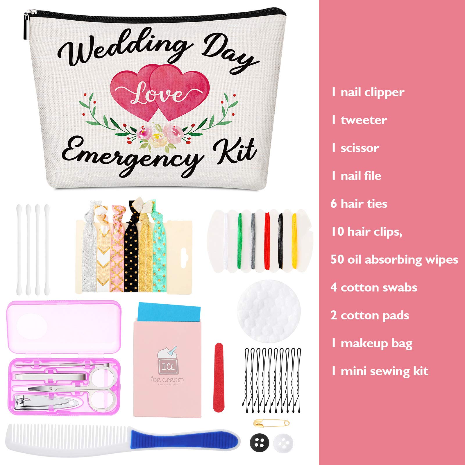 Floral Wedding Emergency Kit for Bride Wedding Survival Set with Makeup Bag, Bride Kit Bridal Shower Gift Present Fun Engagement