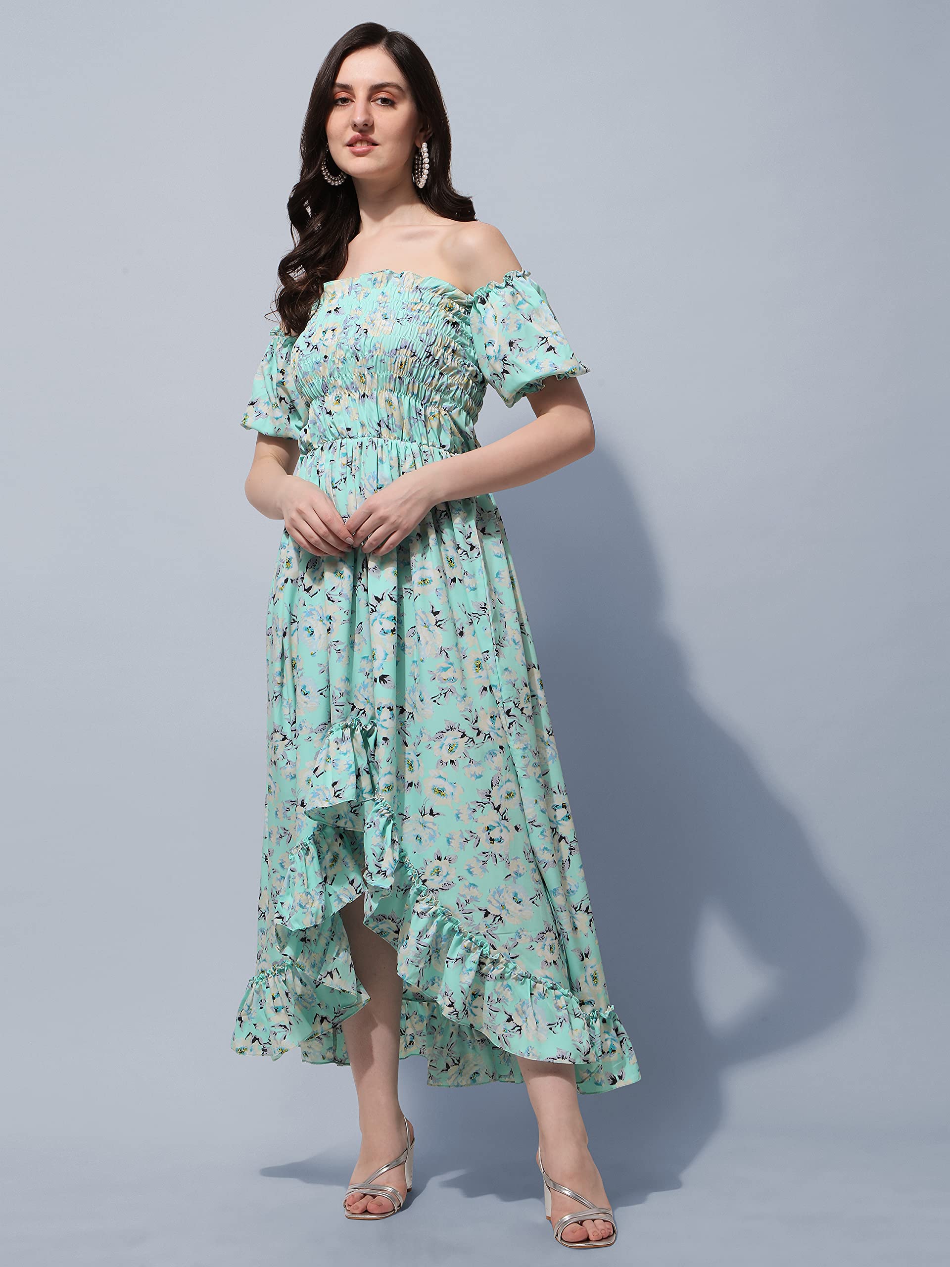 Oomph! Flared Dress For Women Stylish | Long One Piece For Women | Off Shoulder Puff Sleeve Long Dress | Floral Print Maxi One P