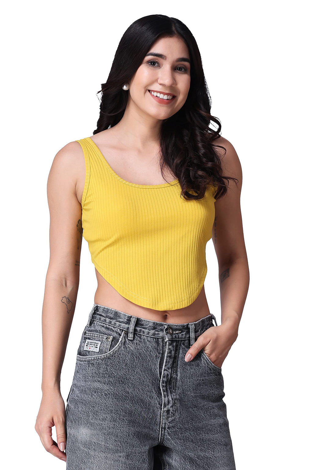 POPWINGS Casual Strap Hankie Ribbed Crop Top for Women || Round-Neck Crop Top for Women || Sleeveless Crop Top for Women || Late