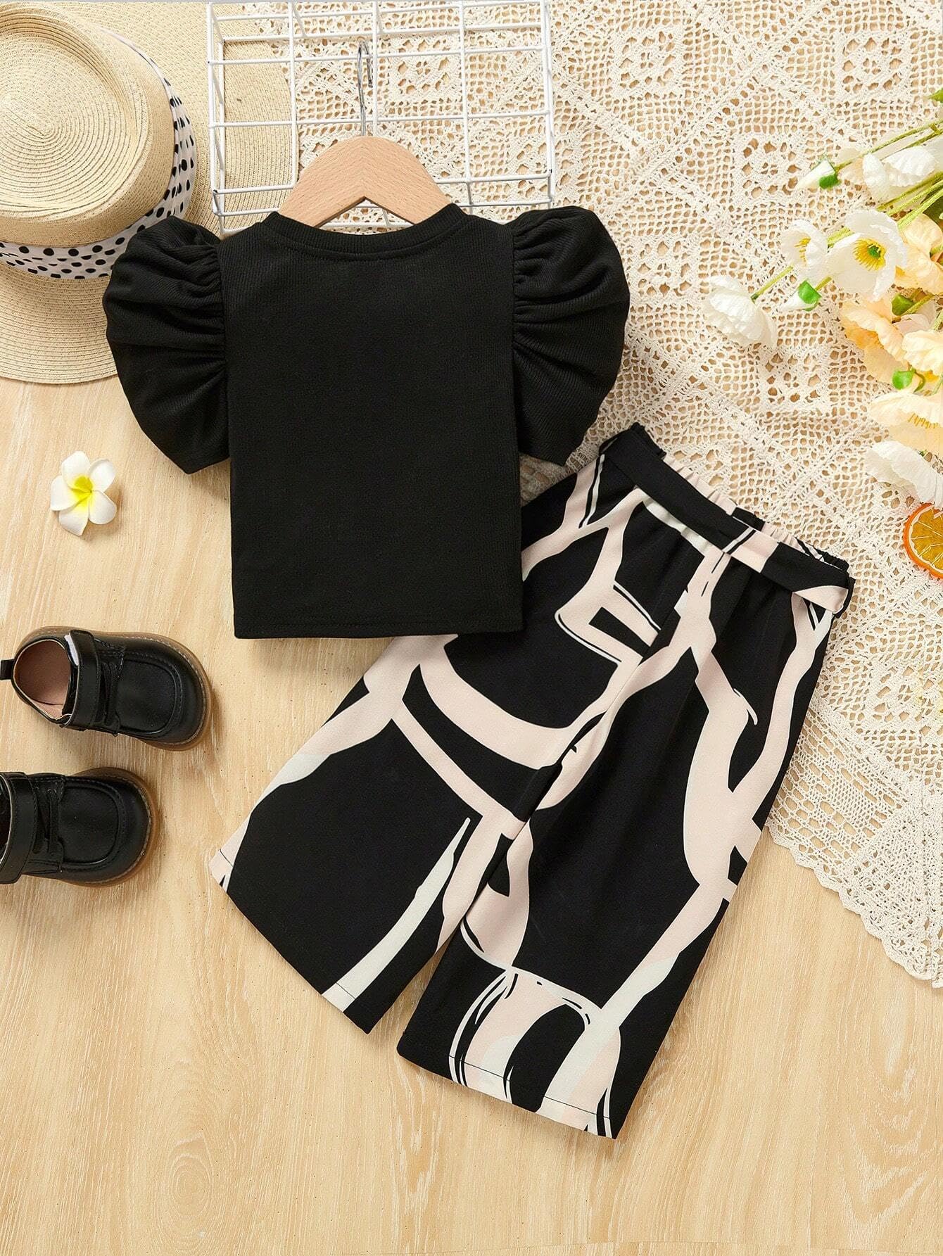 TAGAS Girl Summer Casual Top Puff Sleeve and Printed Long Pants 2pcs Outfit || Two-Piece Set FOR GIRLS || girls dress ||Clothing