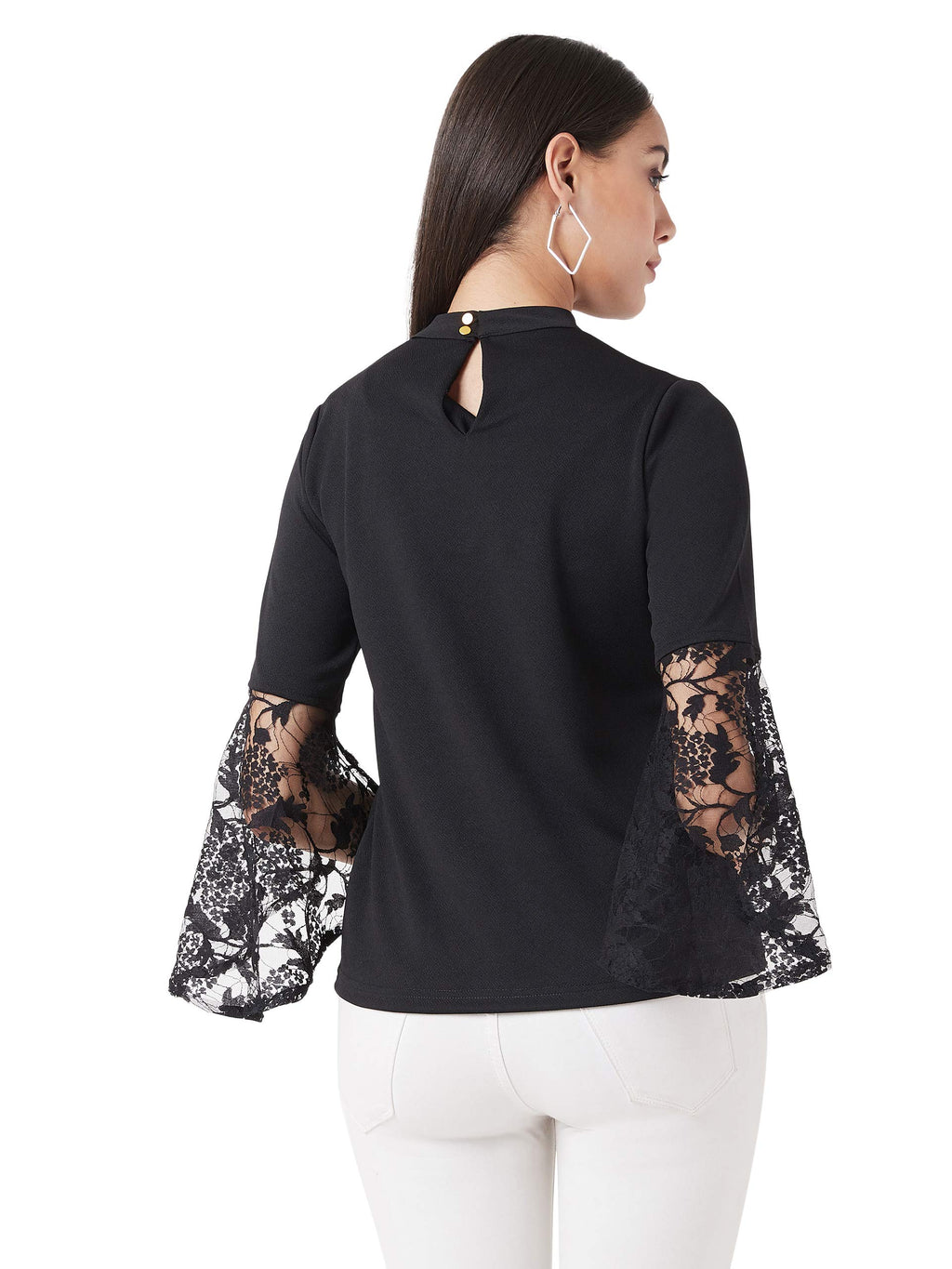 Miss Chase WomenS Black Round Neck 3/4 Sleeves Solid Lace Semi Sheer Split Sleeve Choker Style Top (Mcaw17Tp09-15-62-06, Black,