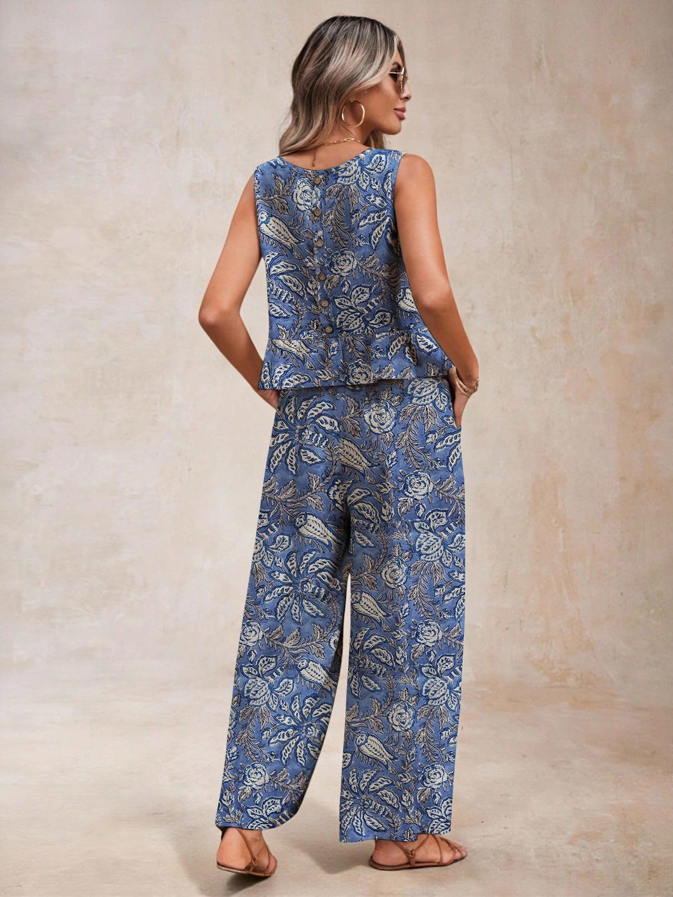 Sugathari Womens Blue Print Womens 2 Piece Pants Set  Sleeveless Ruffle Hem Button Back Tank Top & Wide Leg Pants | Casual Summ